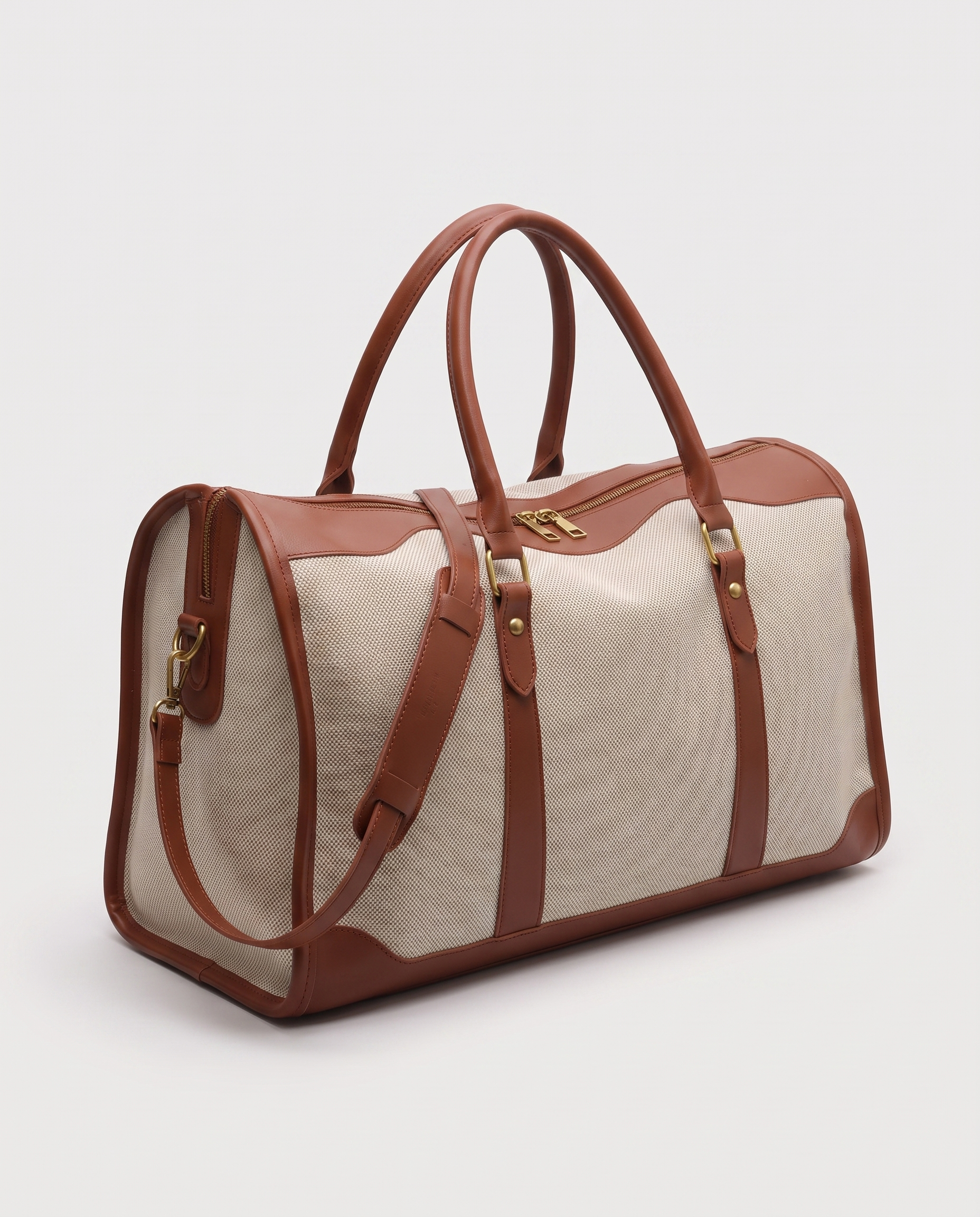 Weekender Travel Tote in brown — three-quarter view, RABUKO