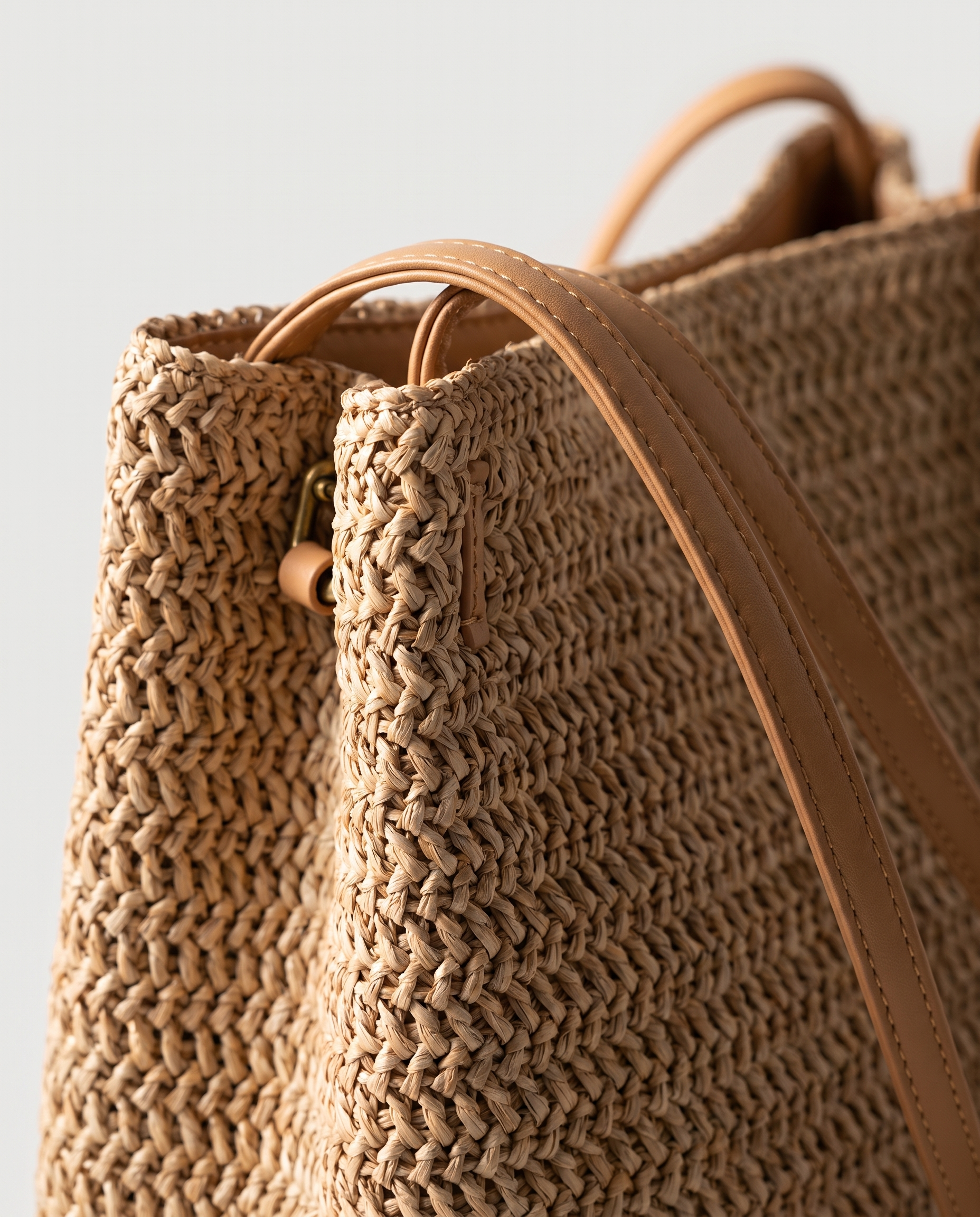Mini Handwoven Straw Tote in dark beige — weave texture detail, RABUKO