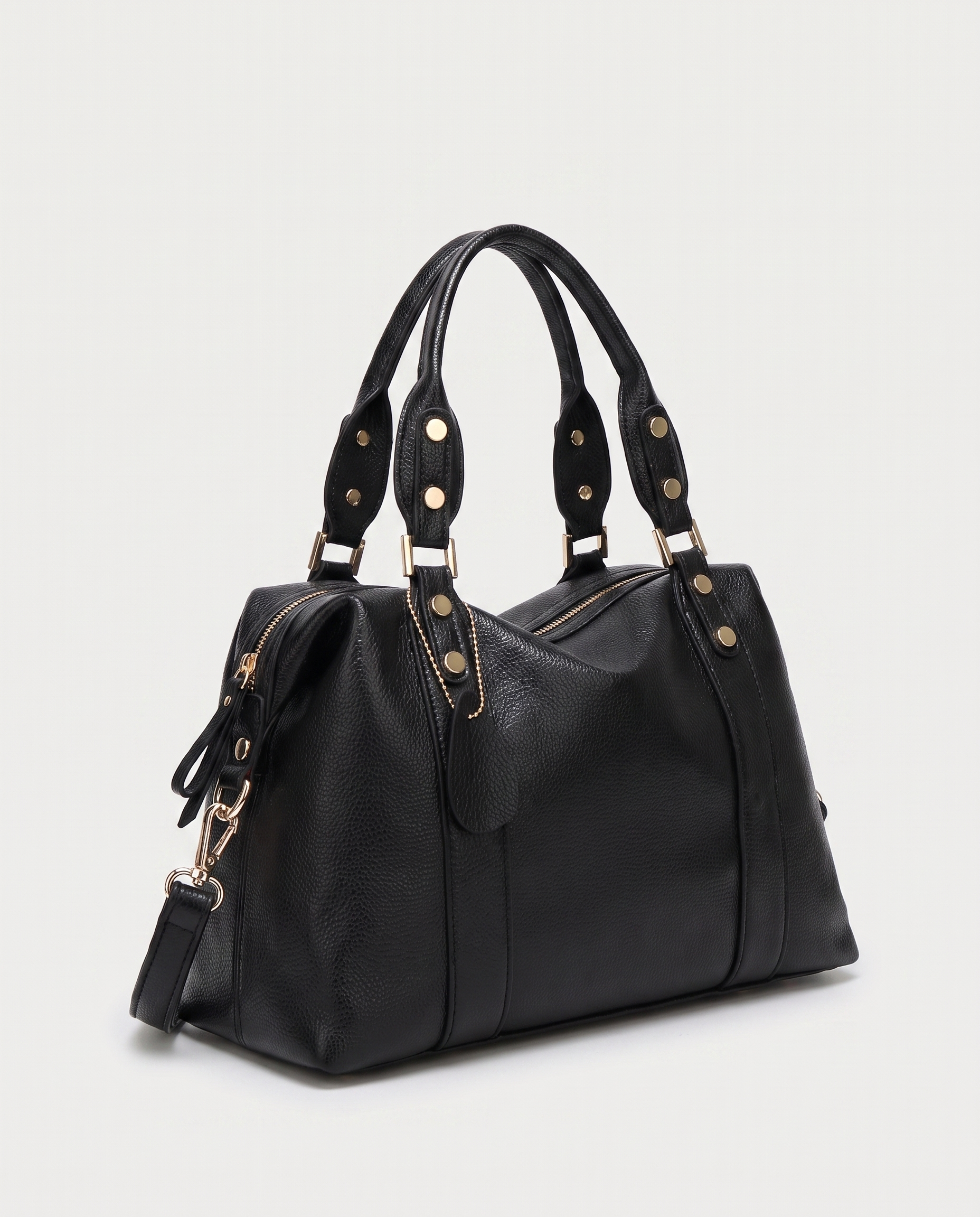 Lychee-Texture Shoulder Bag in black — three-quarter view, RABUKO