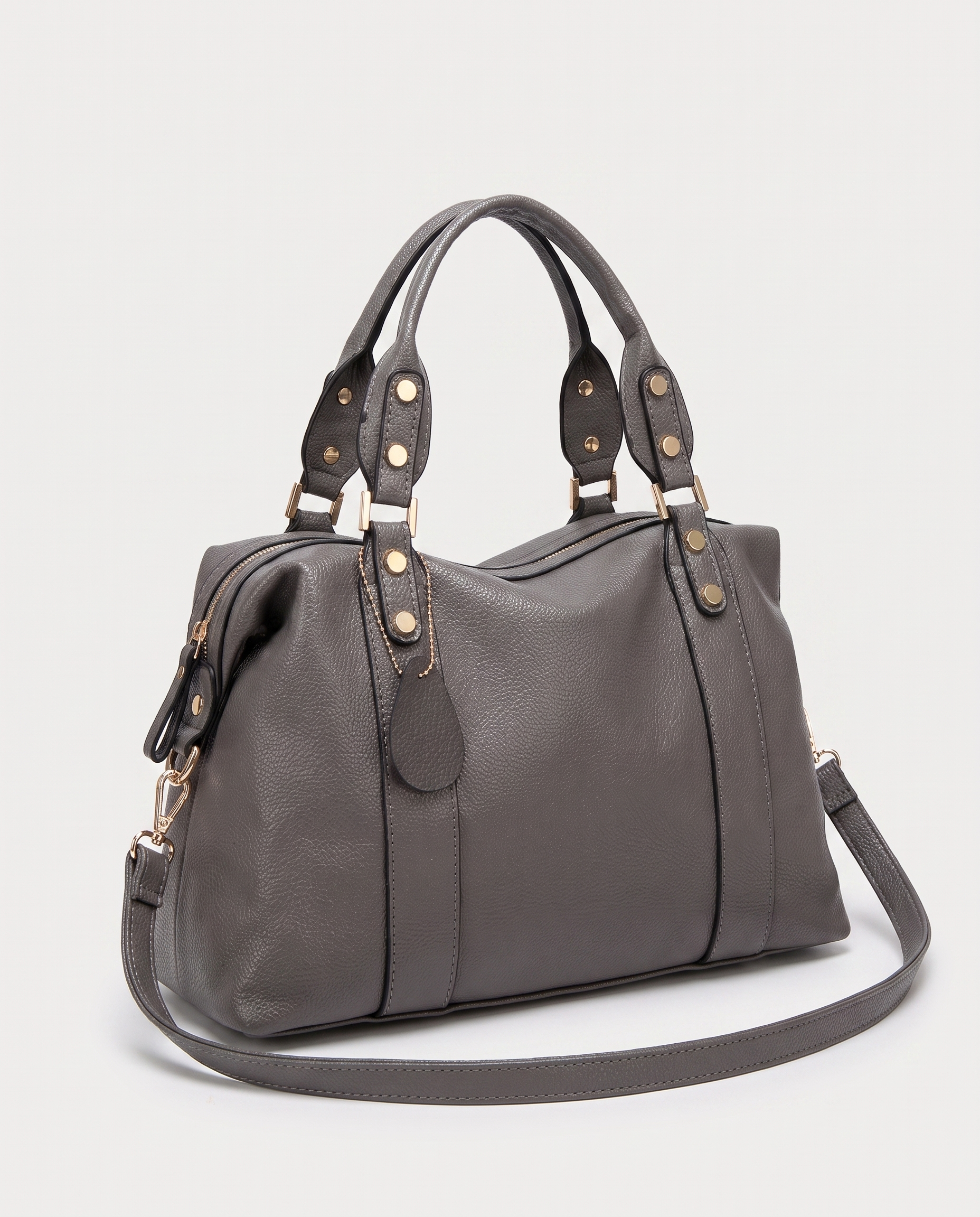 Lychee-Texture Shoulder Bag in grey — three-quarter view, RABUKO