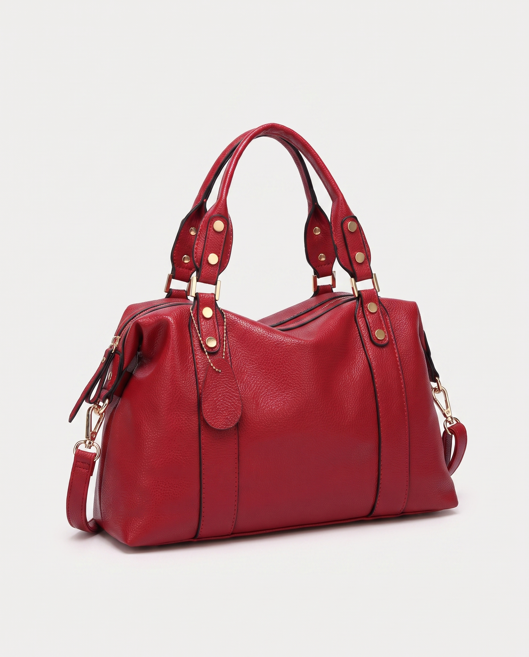 Lychee-Texture Shoulder Bag in wine red — three-quarter view, RABUKO