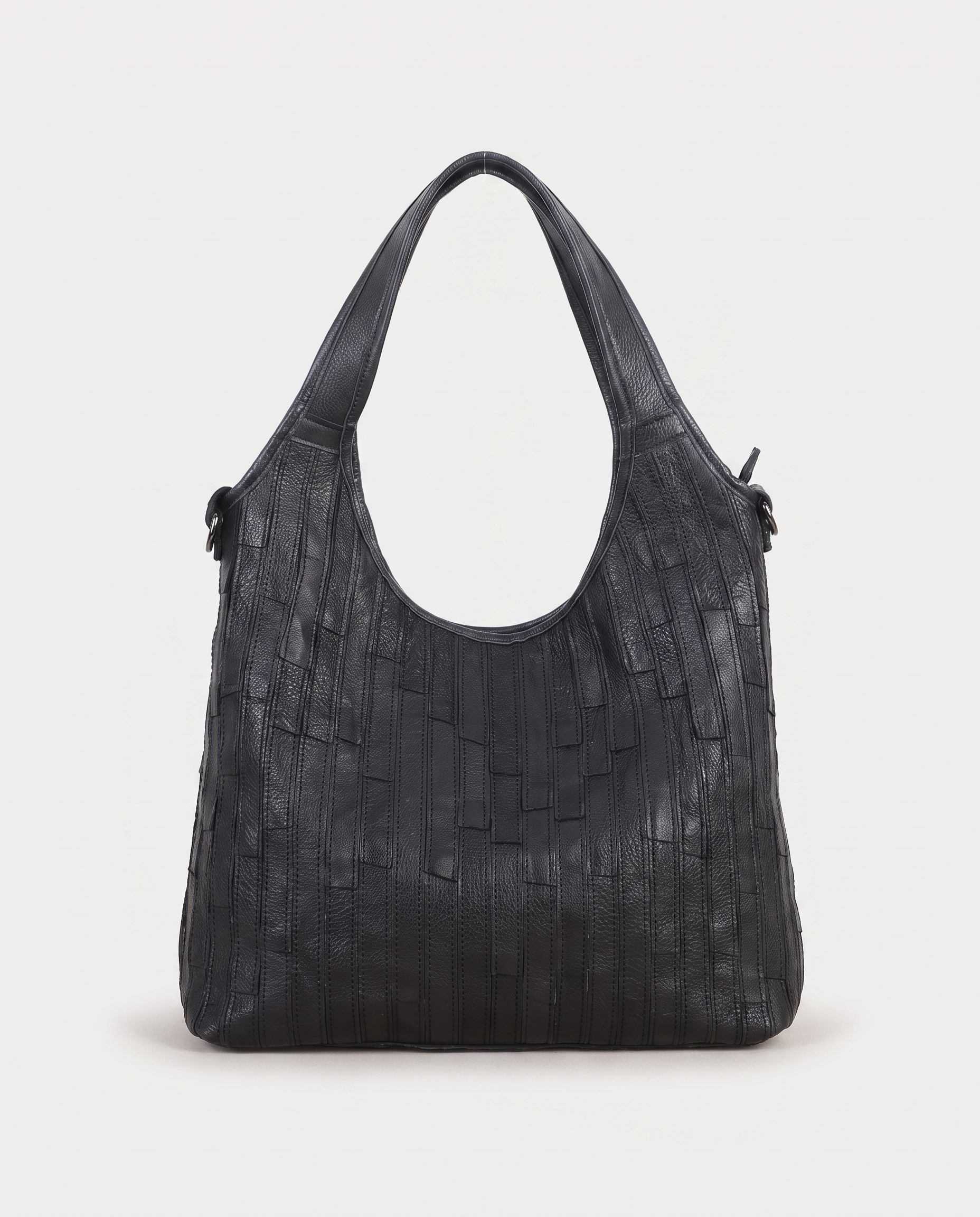 Striped Leather Messenger Bag in black — front view, RABUKO