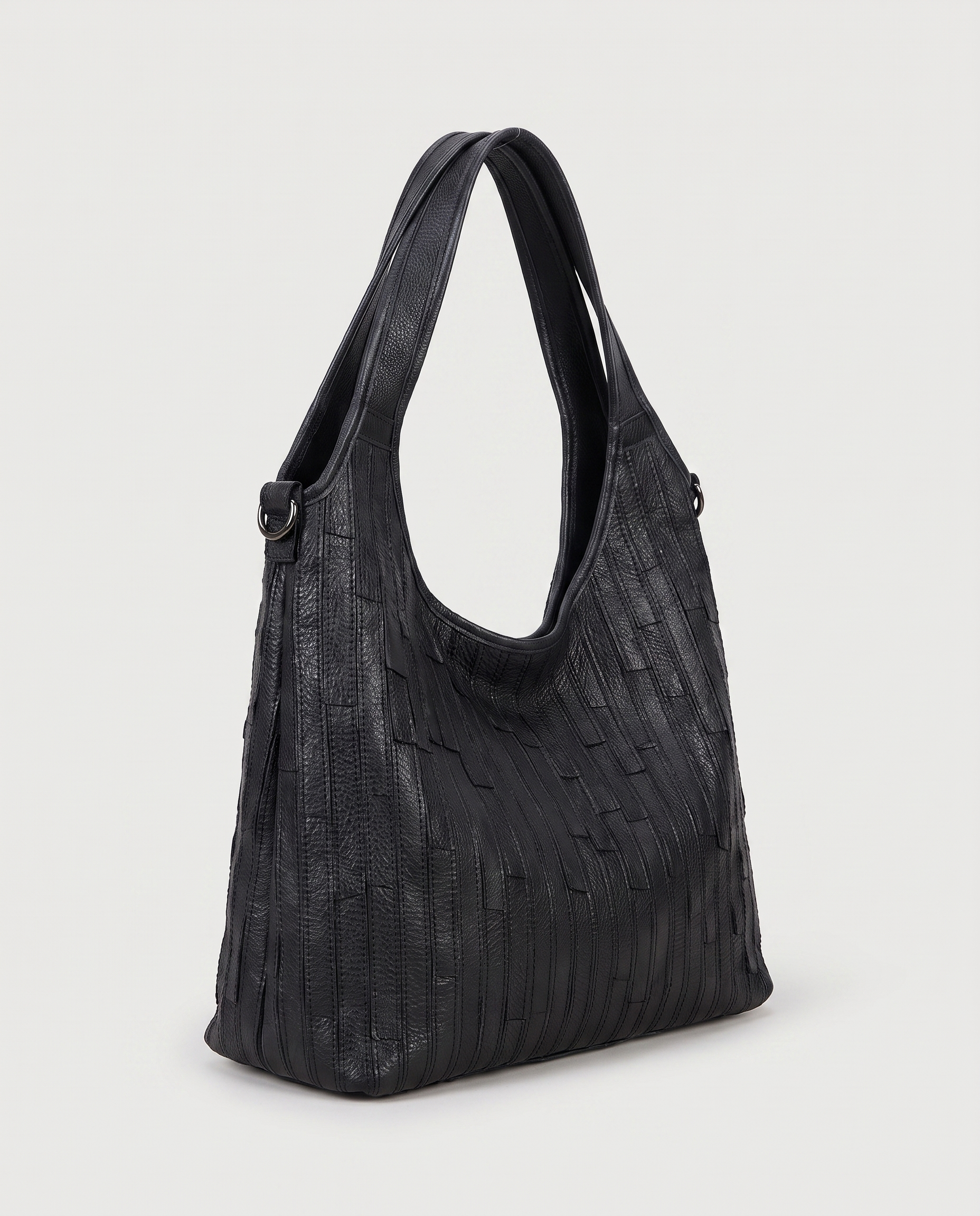 Striped Leather Messenger Bag in black — three-quarter view, RABUKO
