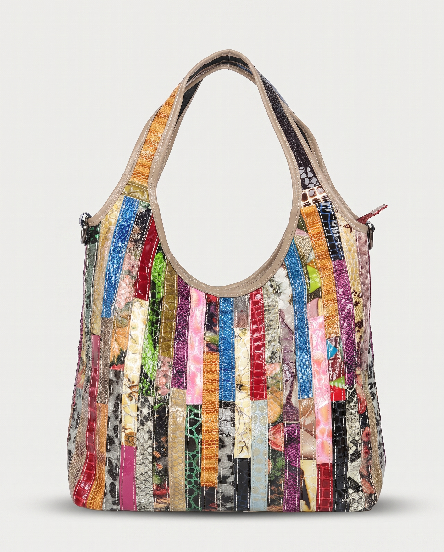 Striped Leather Messenger Bag in snake pattern — front view, RABUKO
