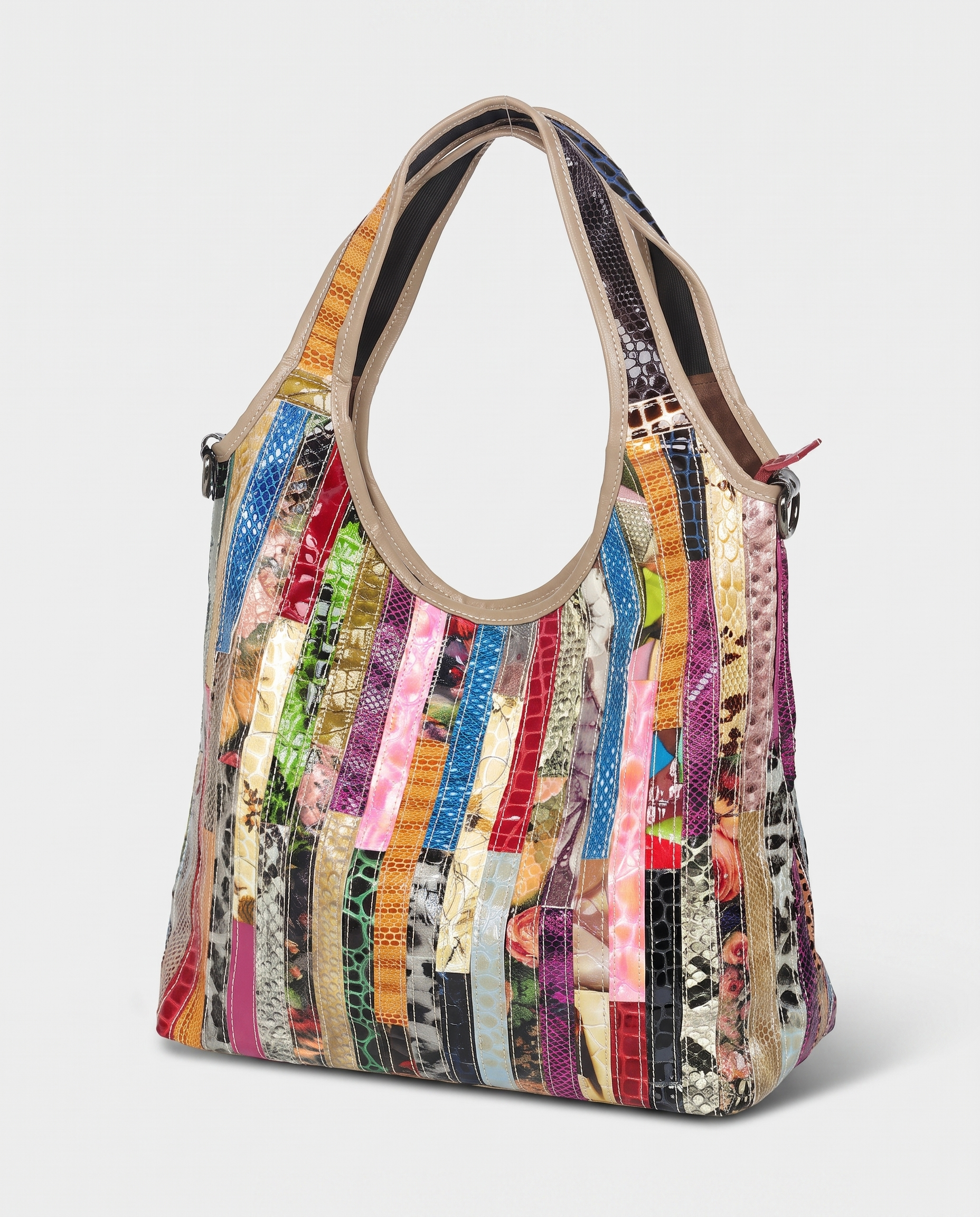 Striped Leather Messenger Bag in snake pattern — three-quarter view, RABUKO