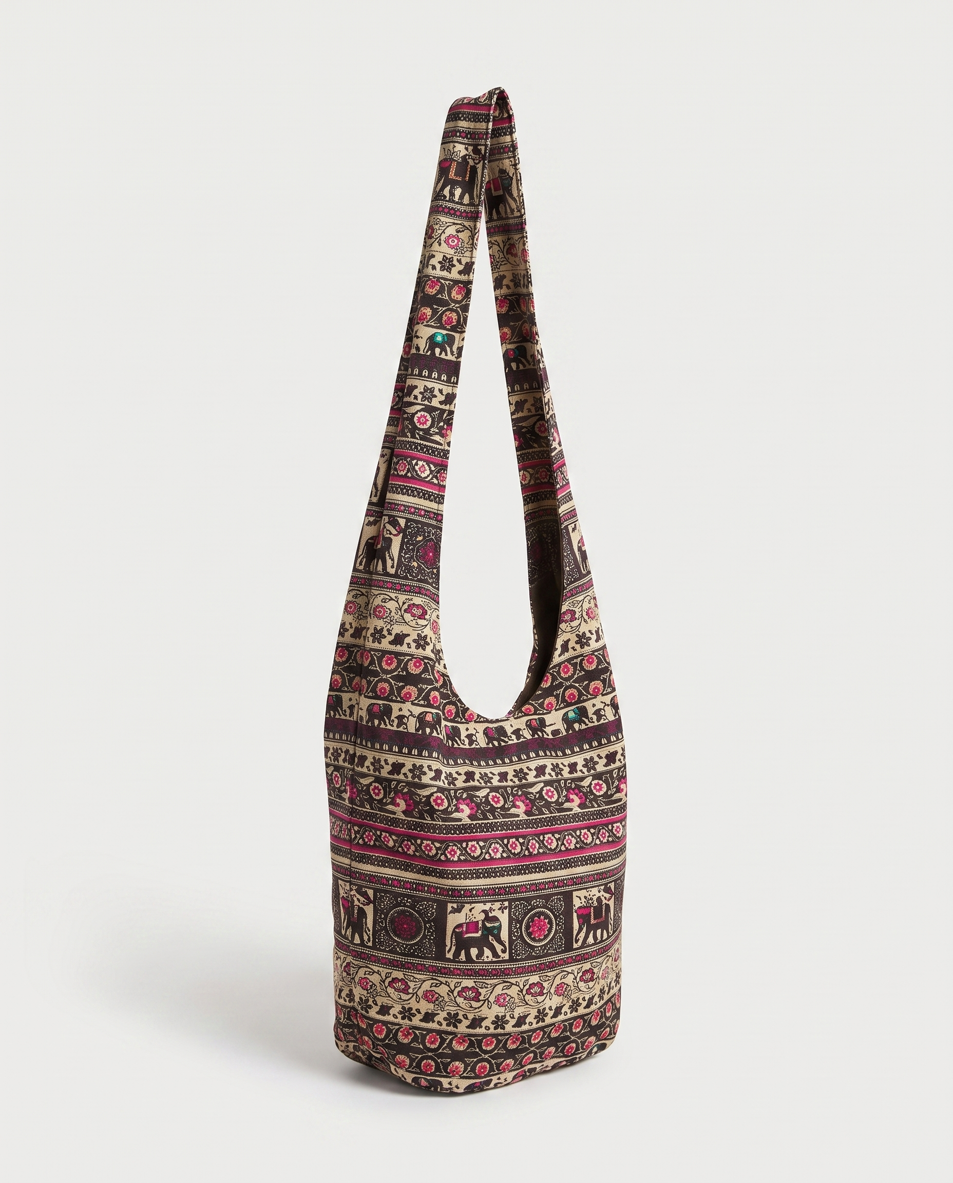 Print crossbody bag in coffee — three-quarter view, RABUKO