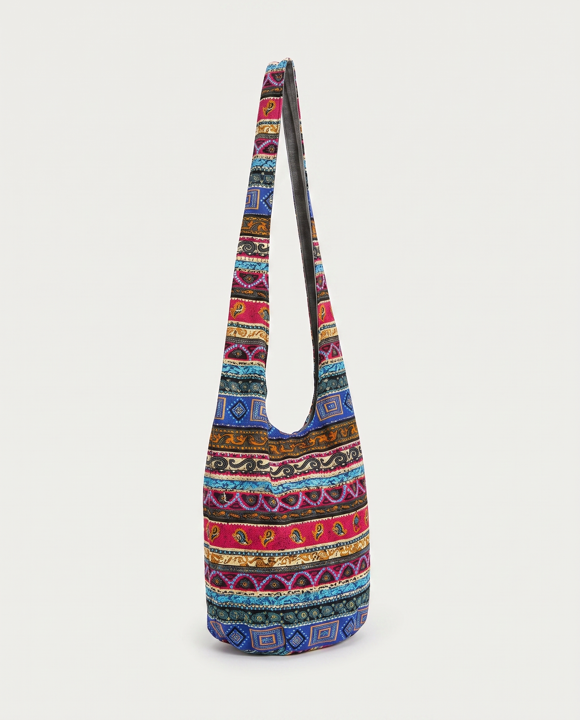 Print crossbody bag in colorful print — three-quarter view, RABUKO