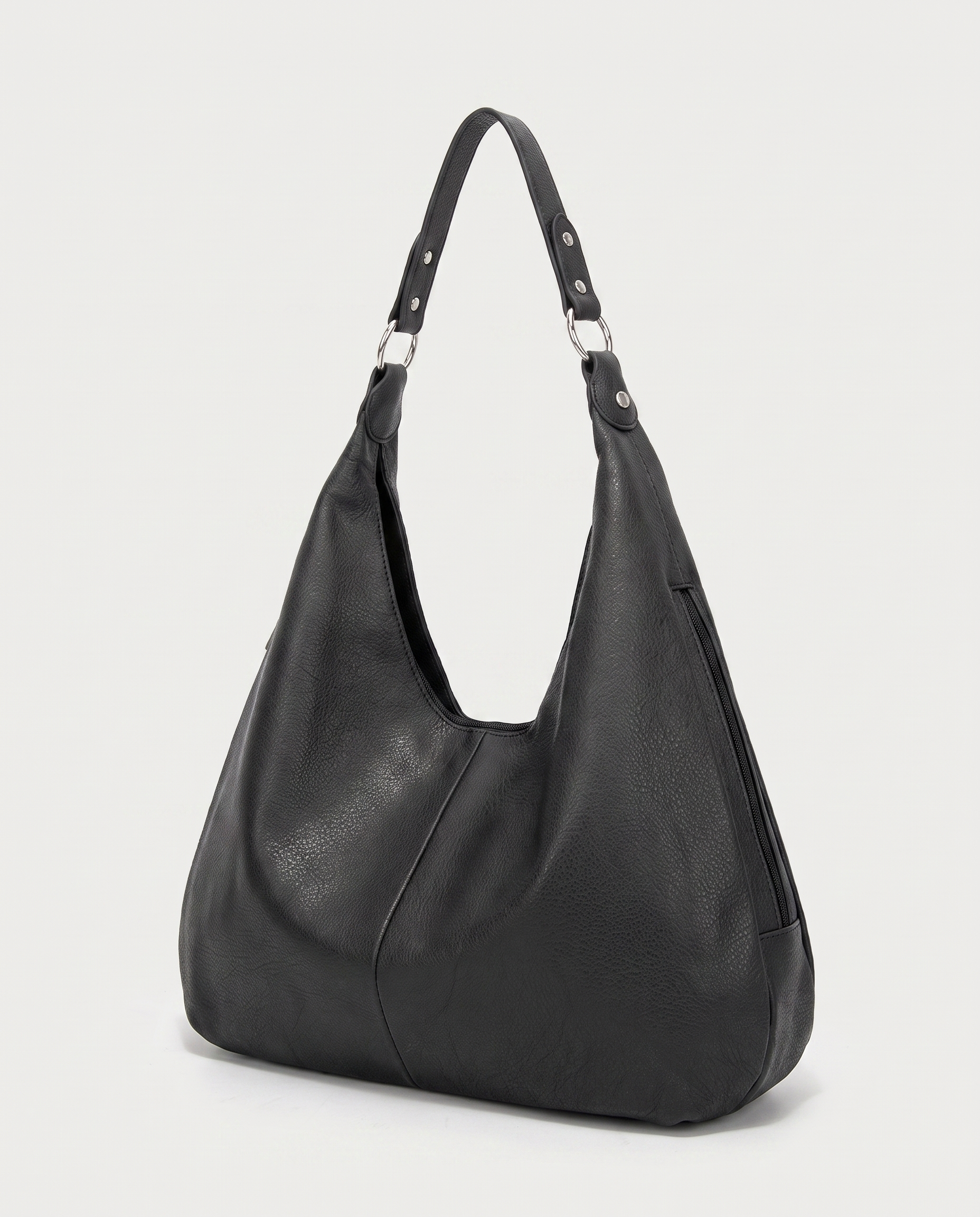 Stitched shoulder tote in black — three-quarter view, RABUKO