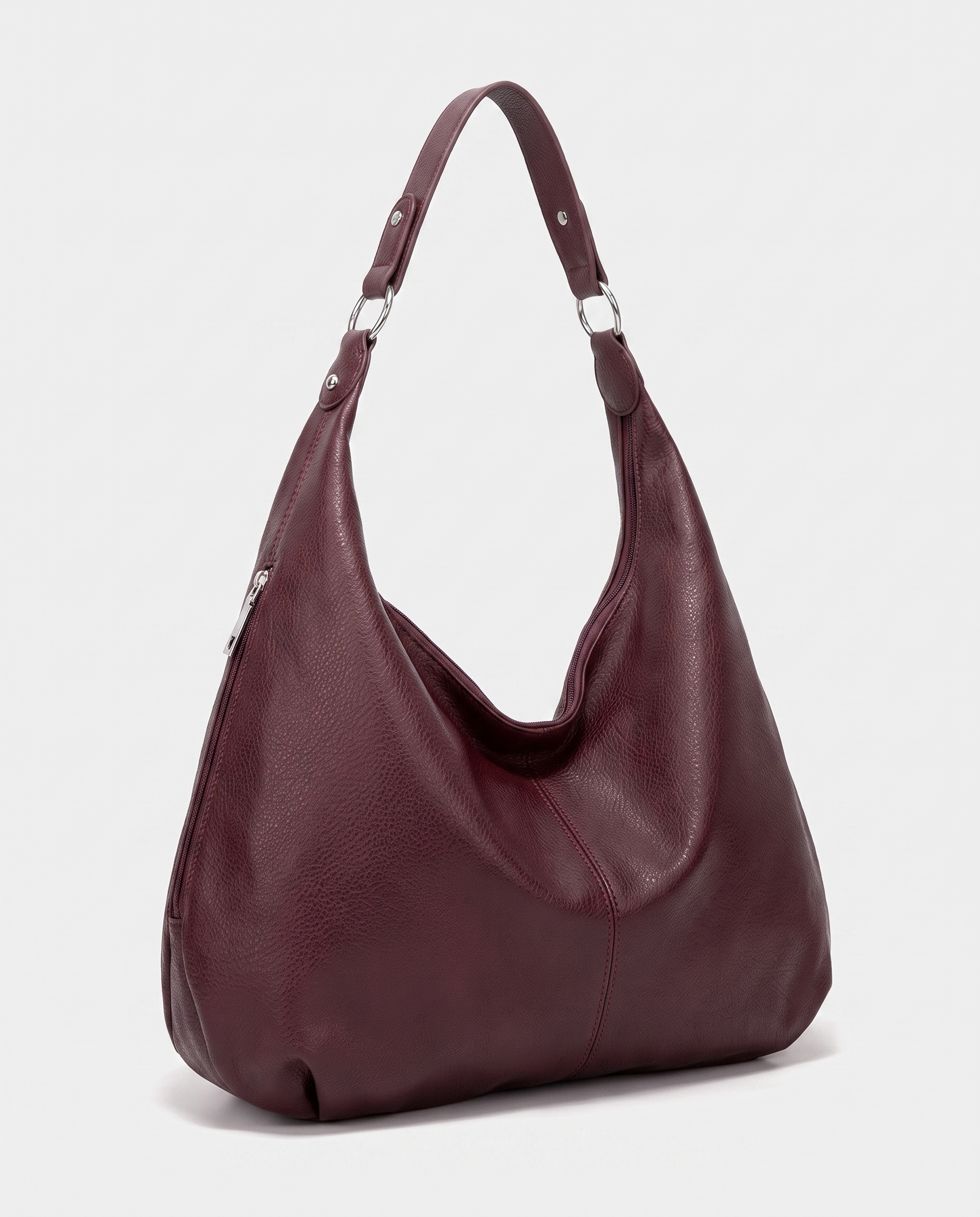 Stitched shoulder tote in brown — three-quarter view, RABUKO