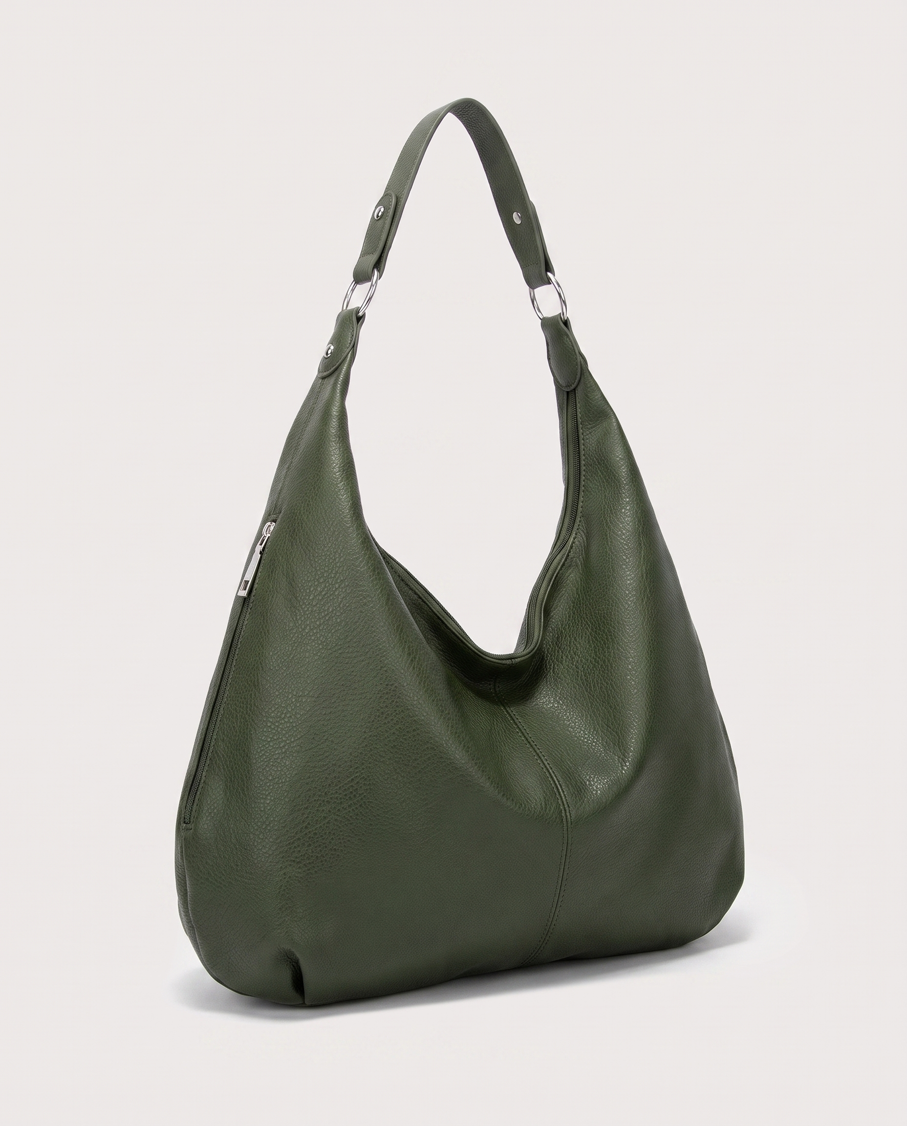 Stitched shoulder tote in dark green — three-quarter view, RABUKO