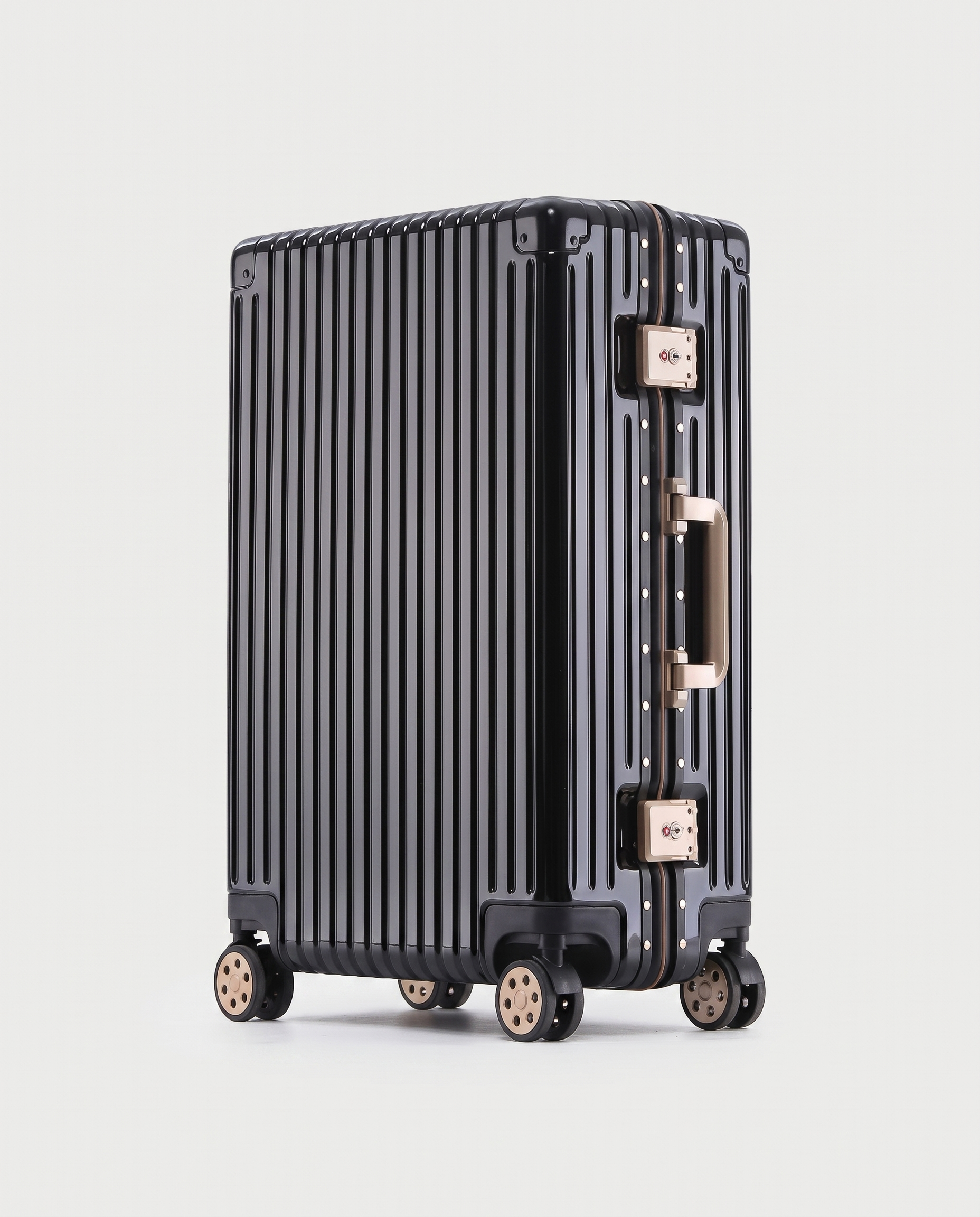 Aluminum frame suitcase in black — three-quarter view, RABUKO