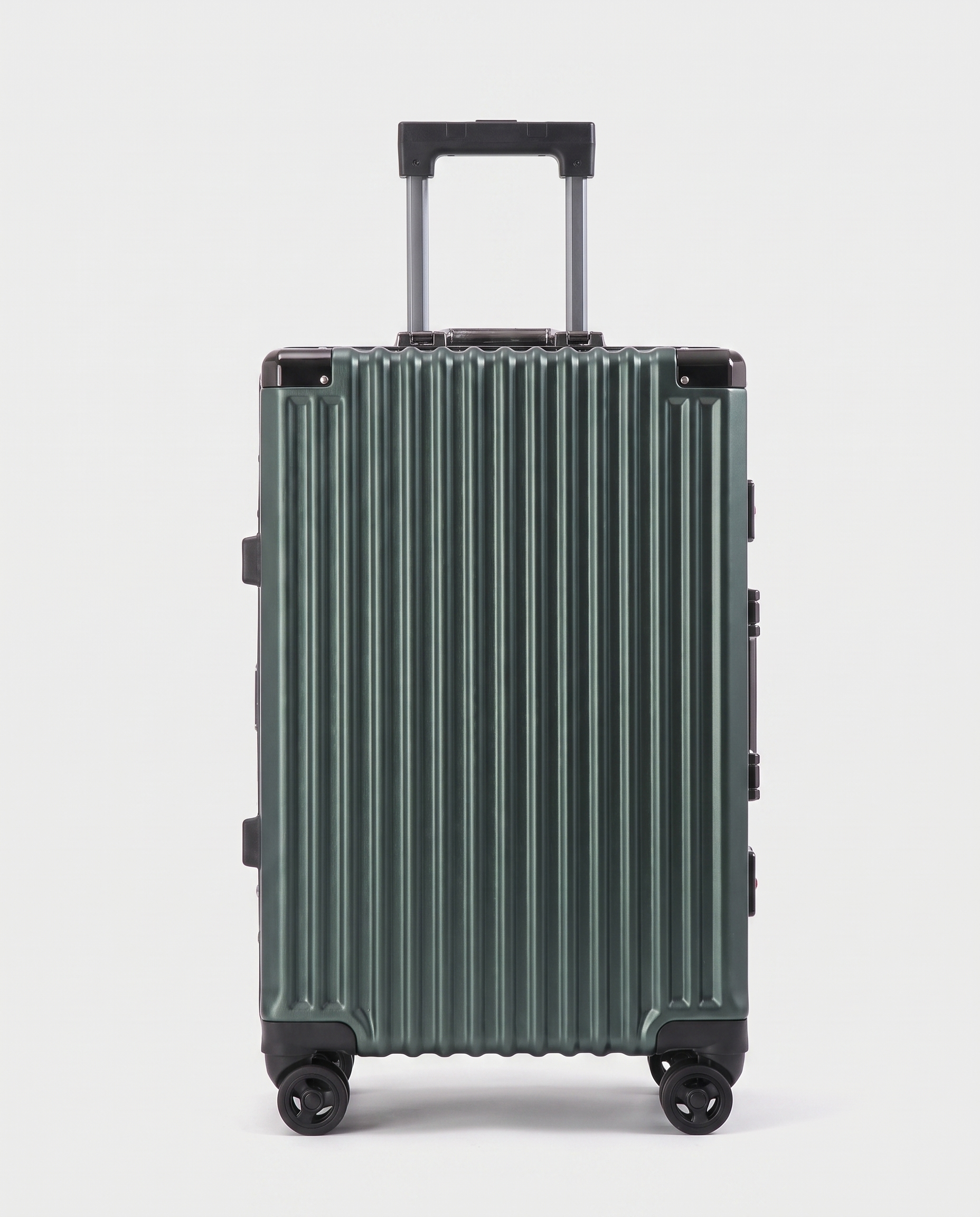 Aluminum frame suitcase in dark green — front view, RABUKO