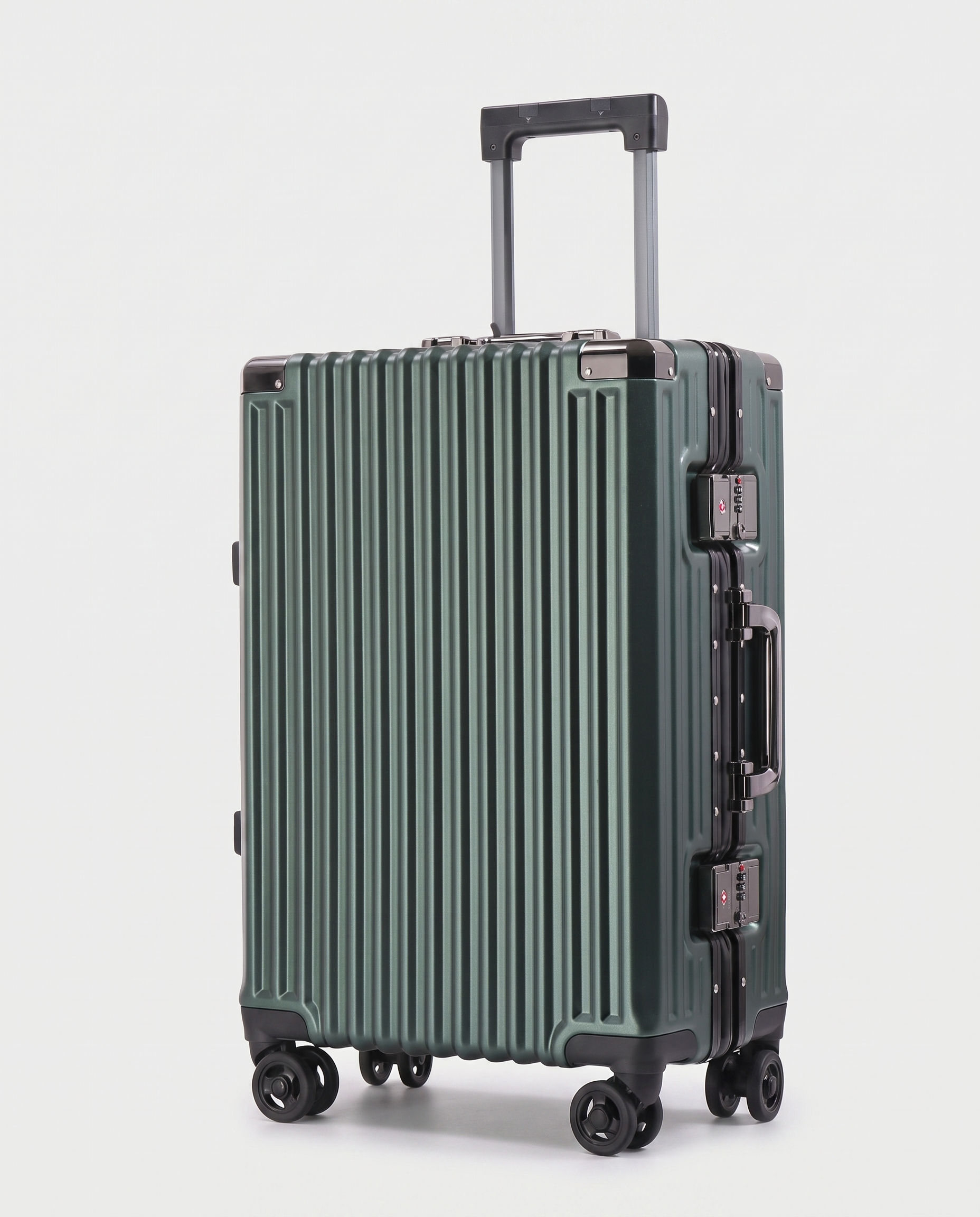 Aluminum frame suitcase in dark green — three-quarter view, RABUKO