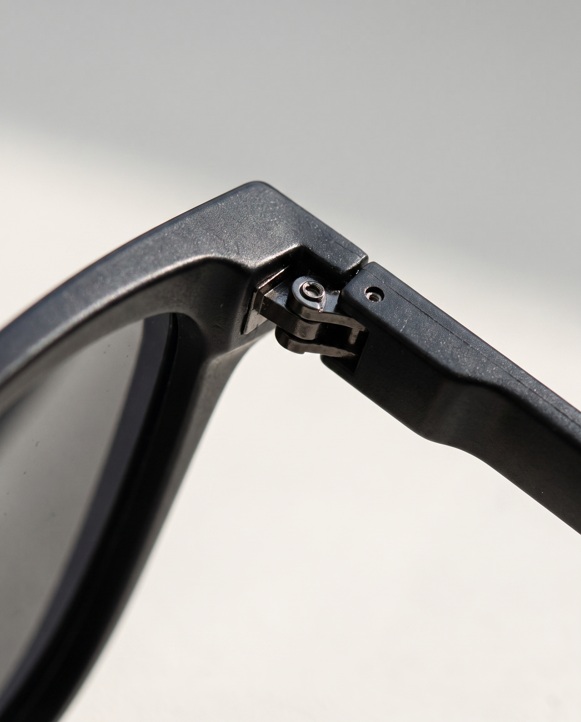 Folding sunglasses in black — hinge detail, RABUKO