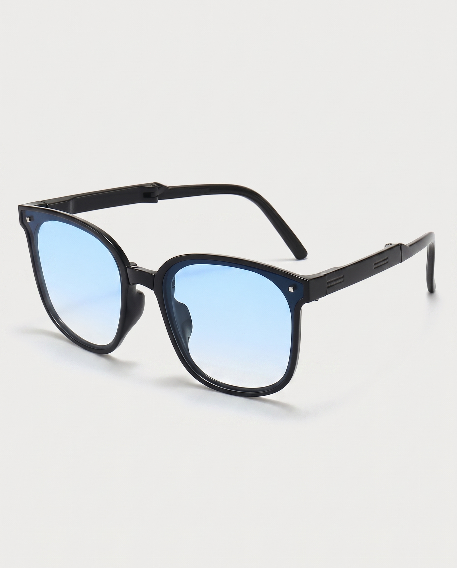 Folding sunglasses in blue — three-quarter view, RABUKO