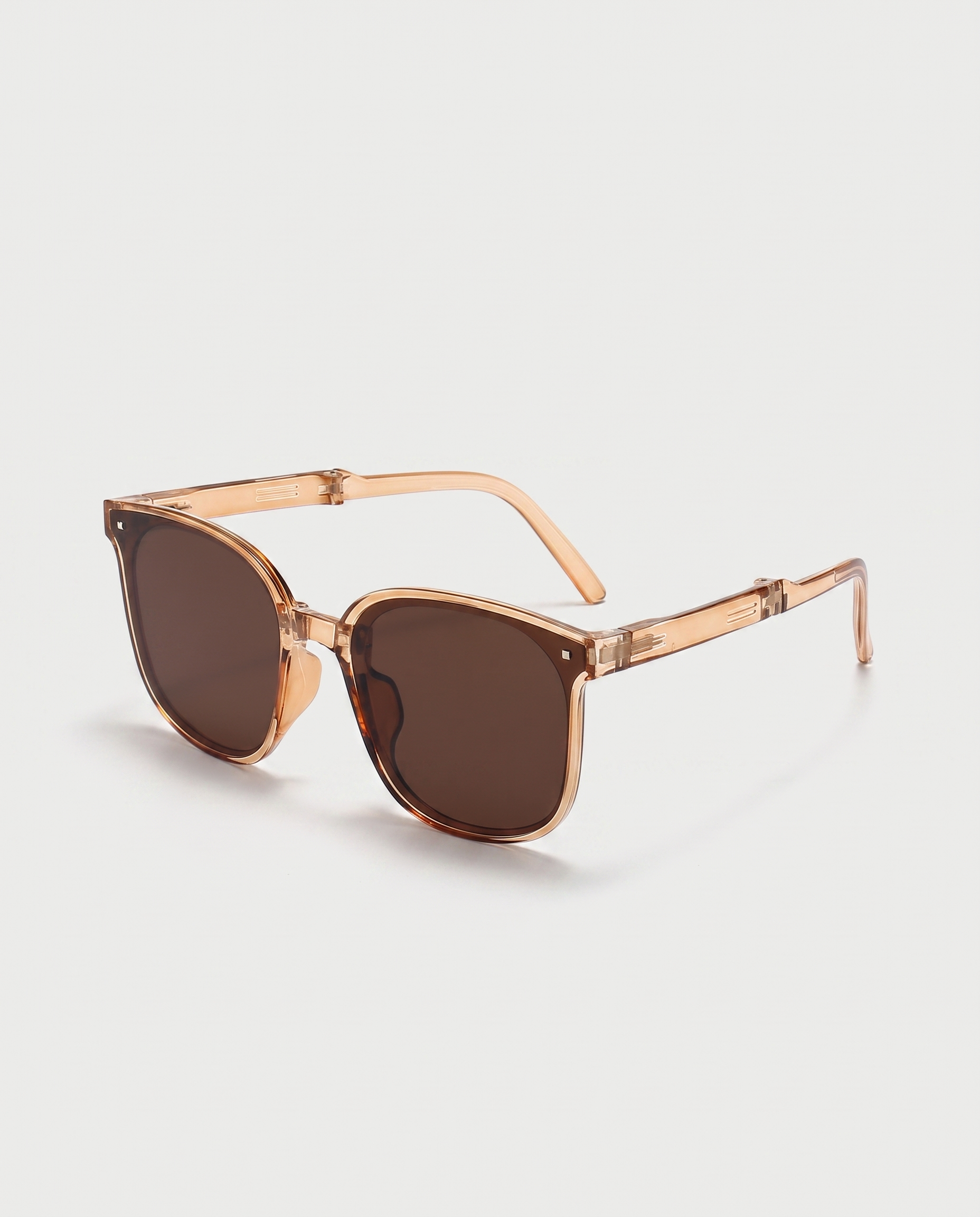 Folding sunglasses in brown — three-quarter view, RABUKO