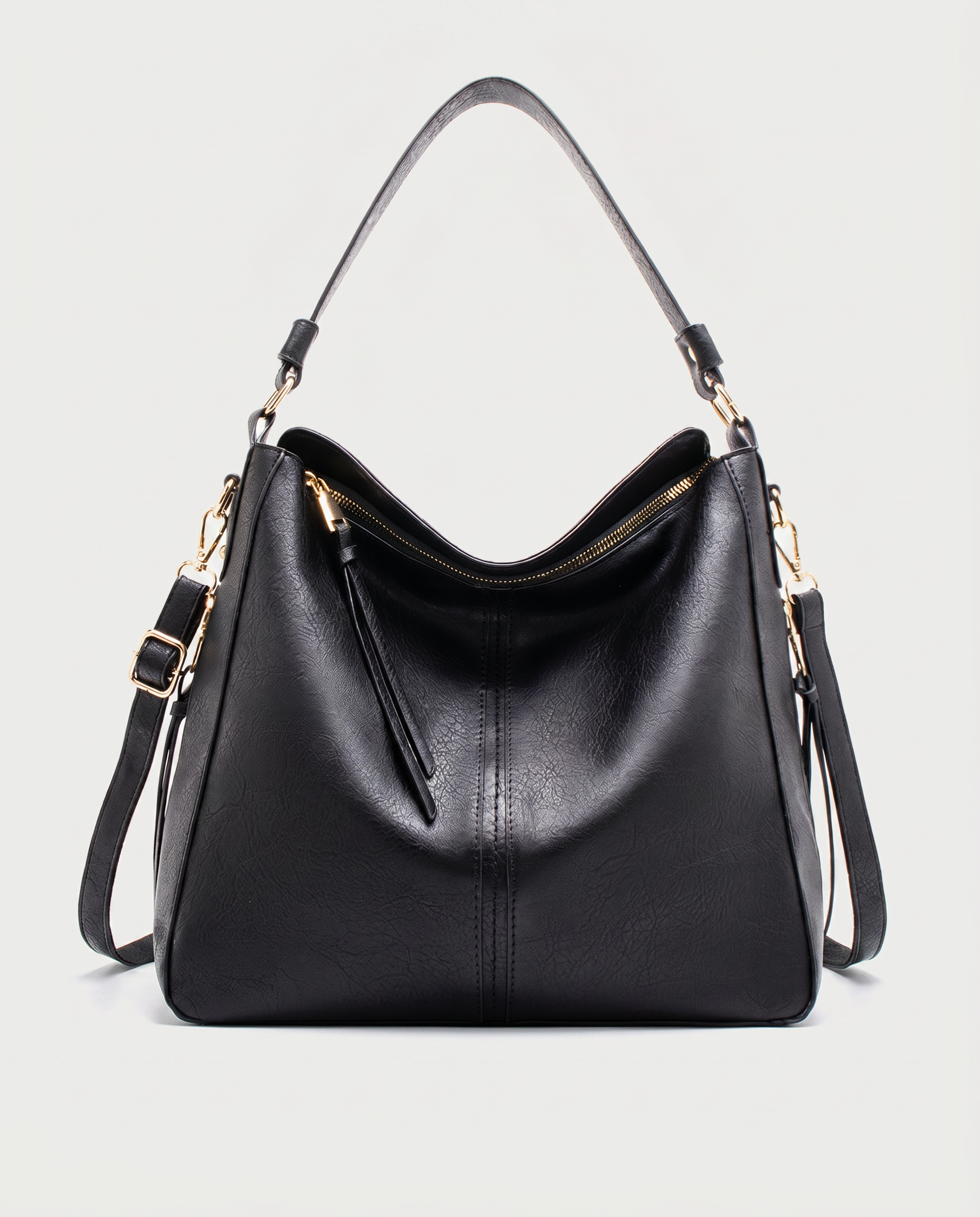 Hobo shoulder bag in black — front view, RABUKO