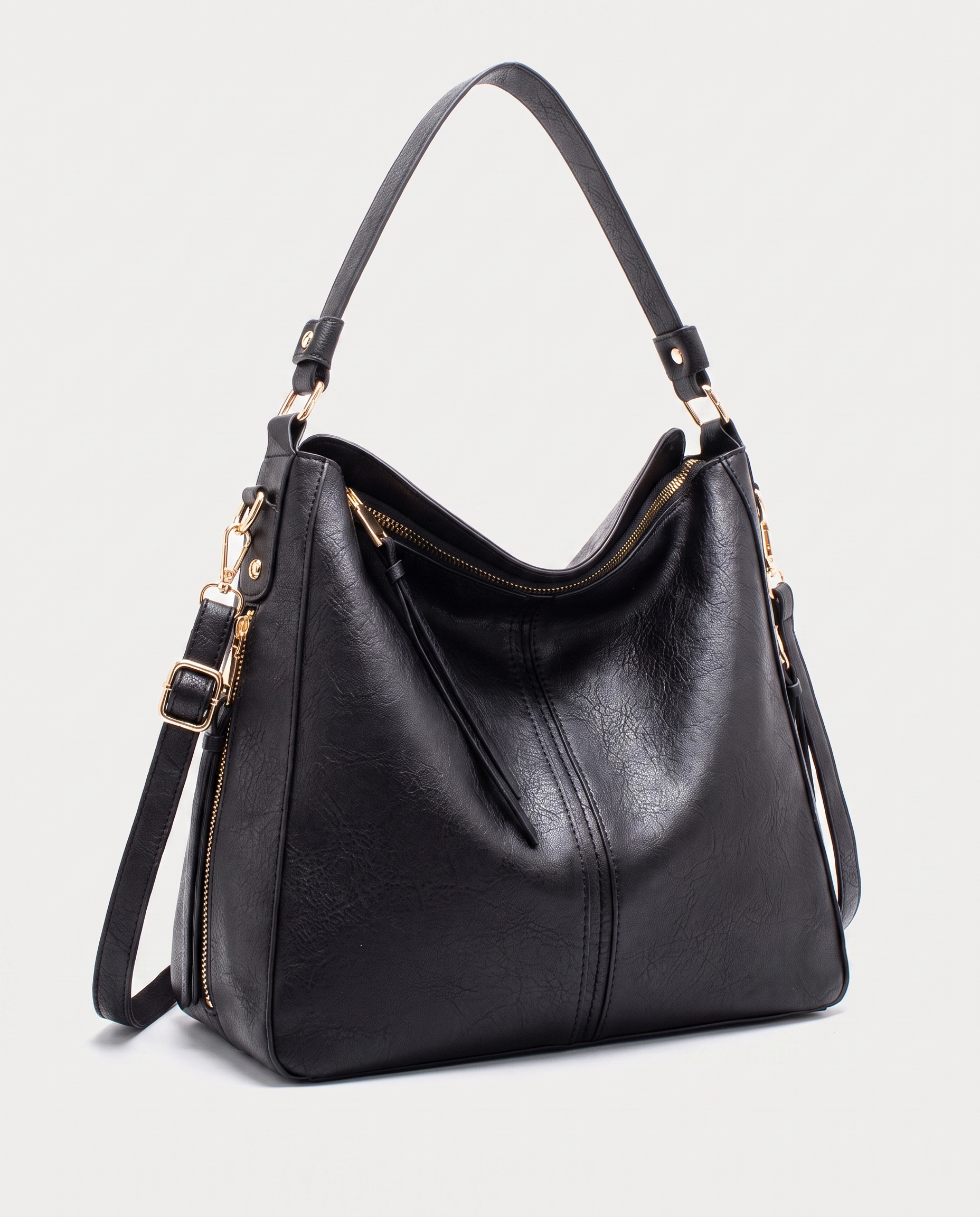 Hobo shoulder bag in black — three-quarter view, RABUKO