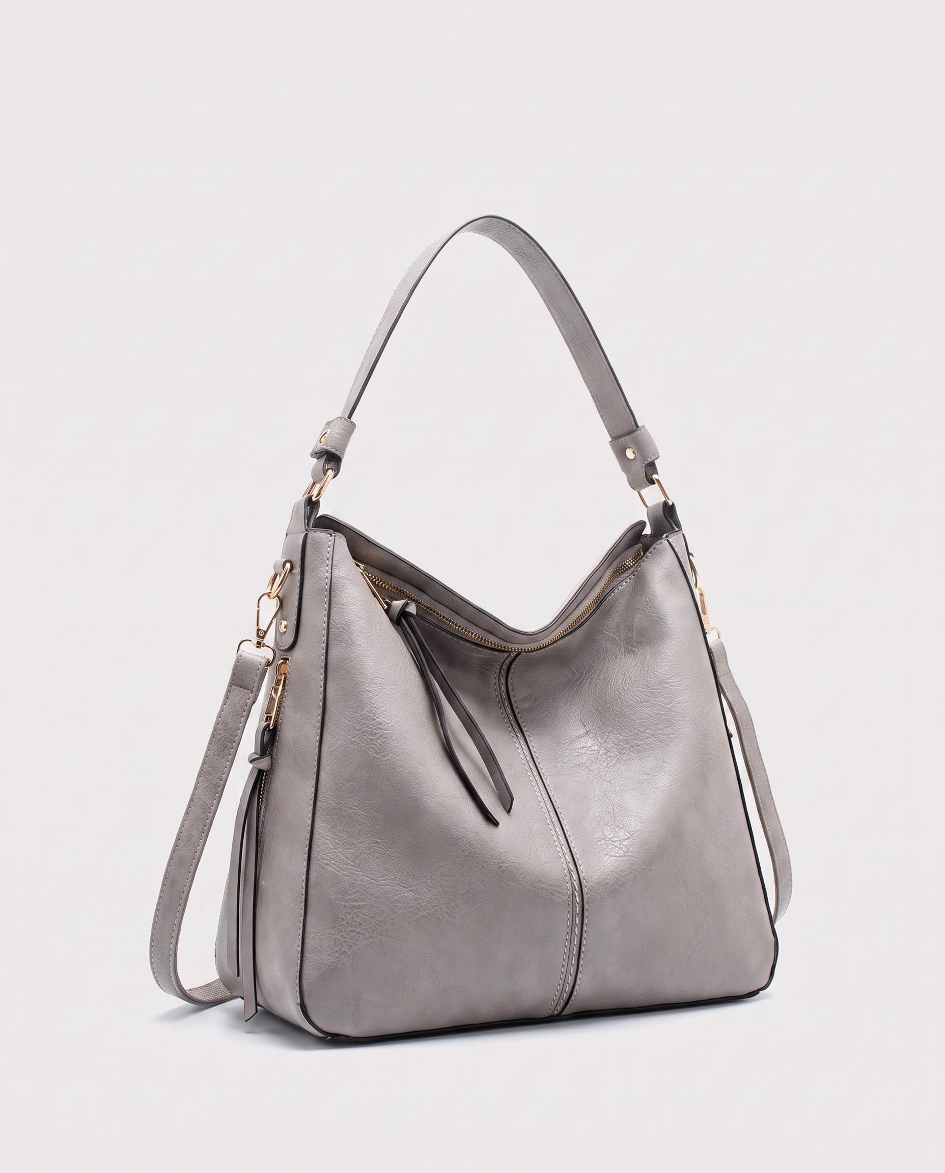 Hobo shoulder bag in light grey — three-quarter view, RABUKO