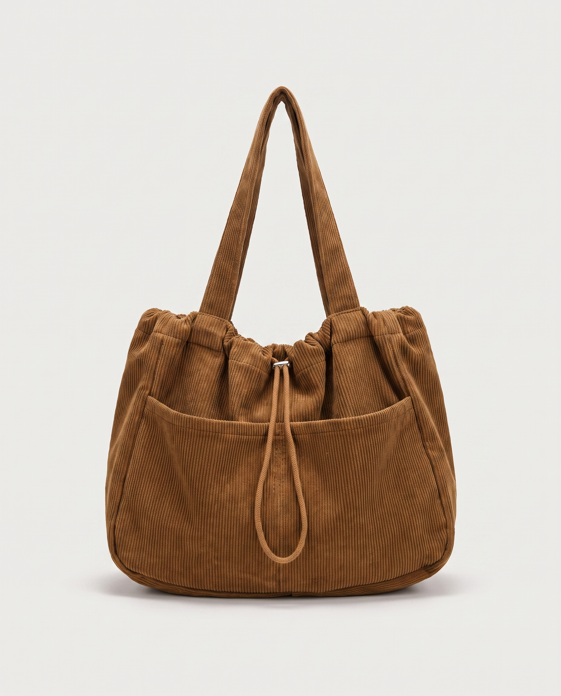 Corduroy drawstring bag in khaki — front view, RABUKO