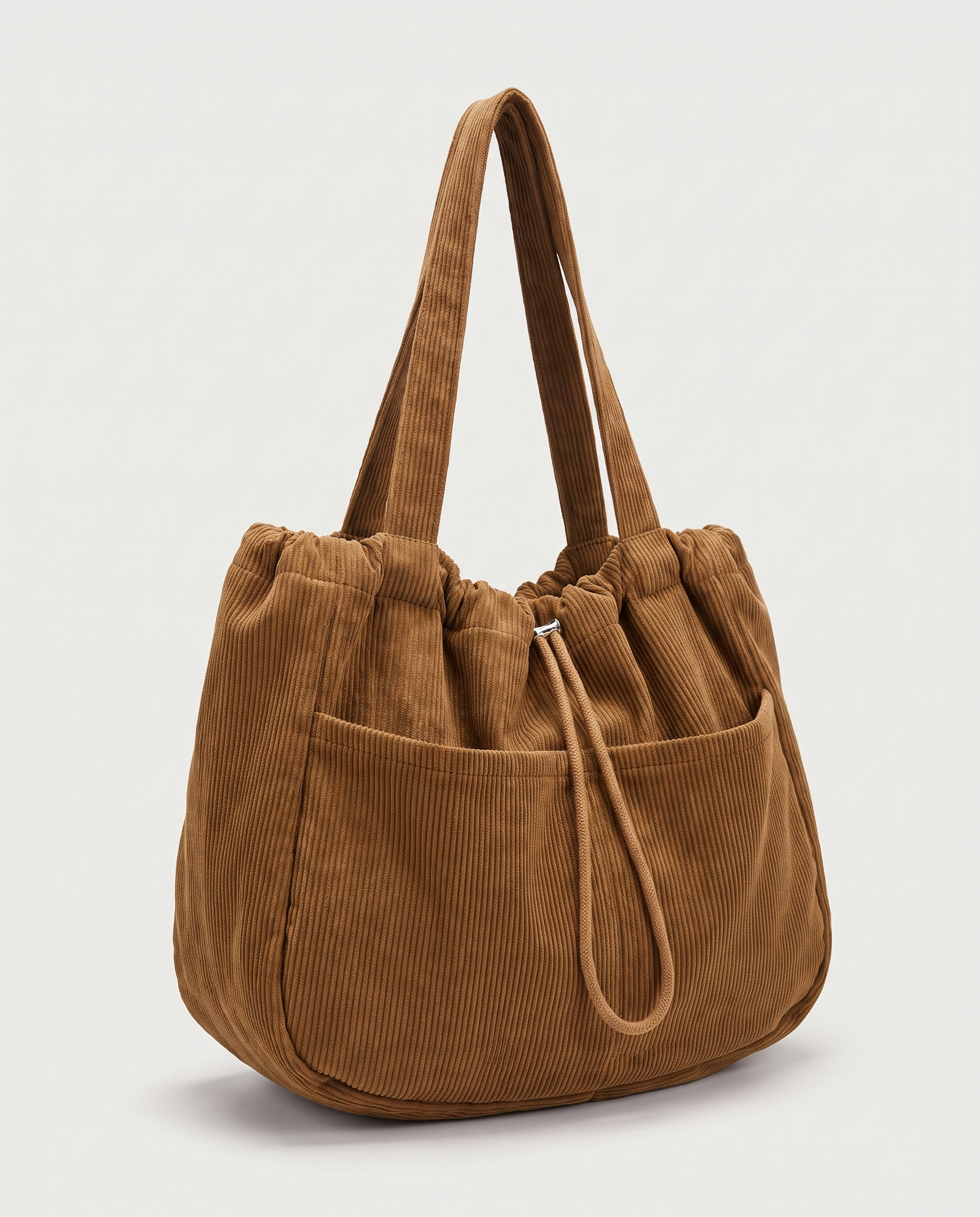 Corduroy drawstring bag in khaki — three-quarter view, RABUKO