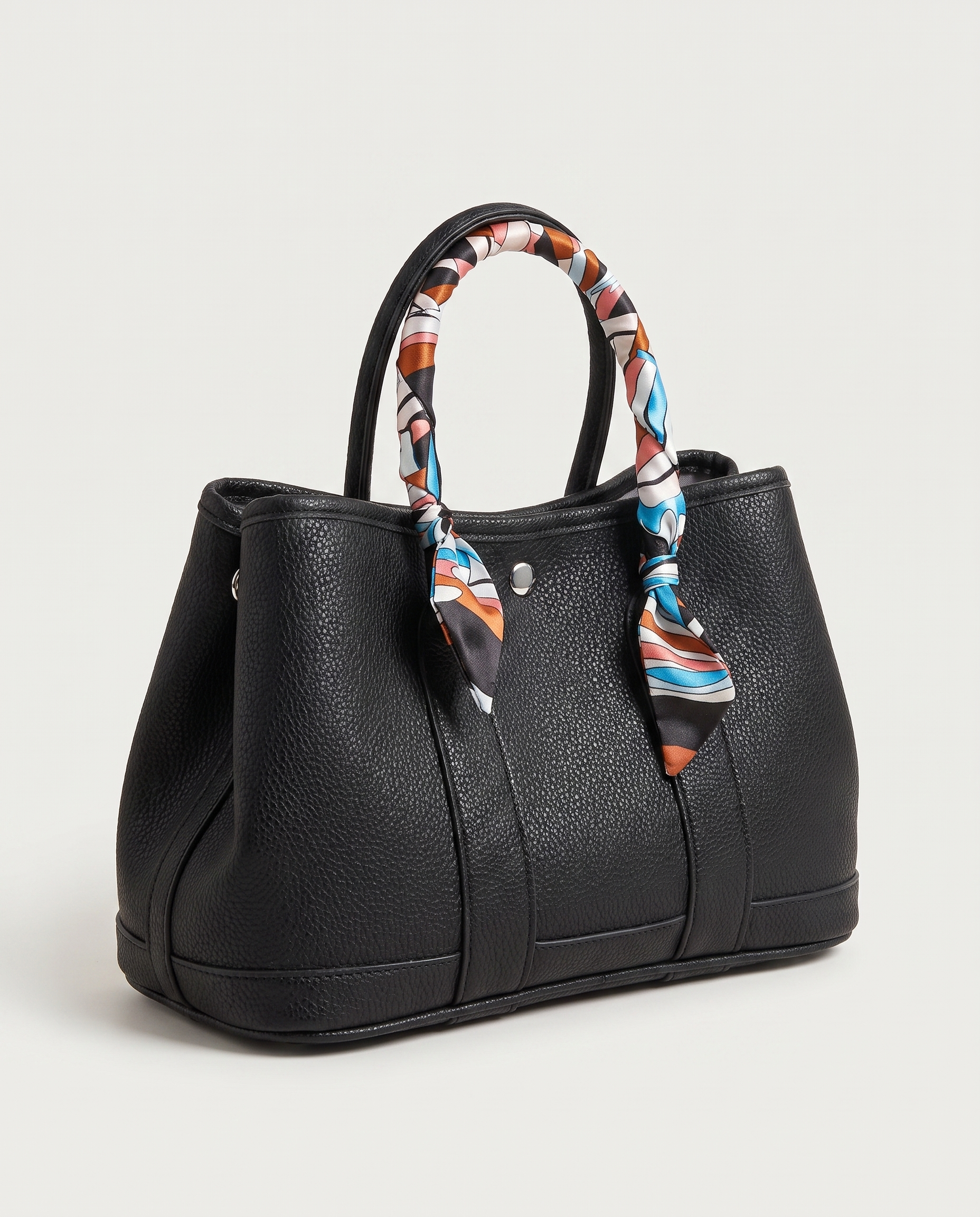 Scarf tote bag in black — three-quarter view, RABUKO