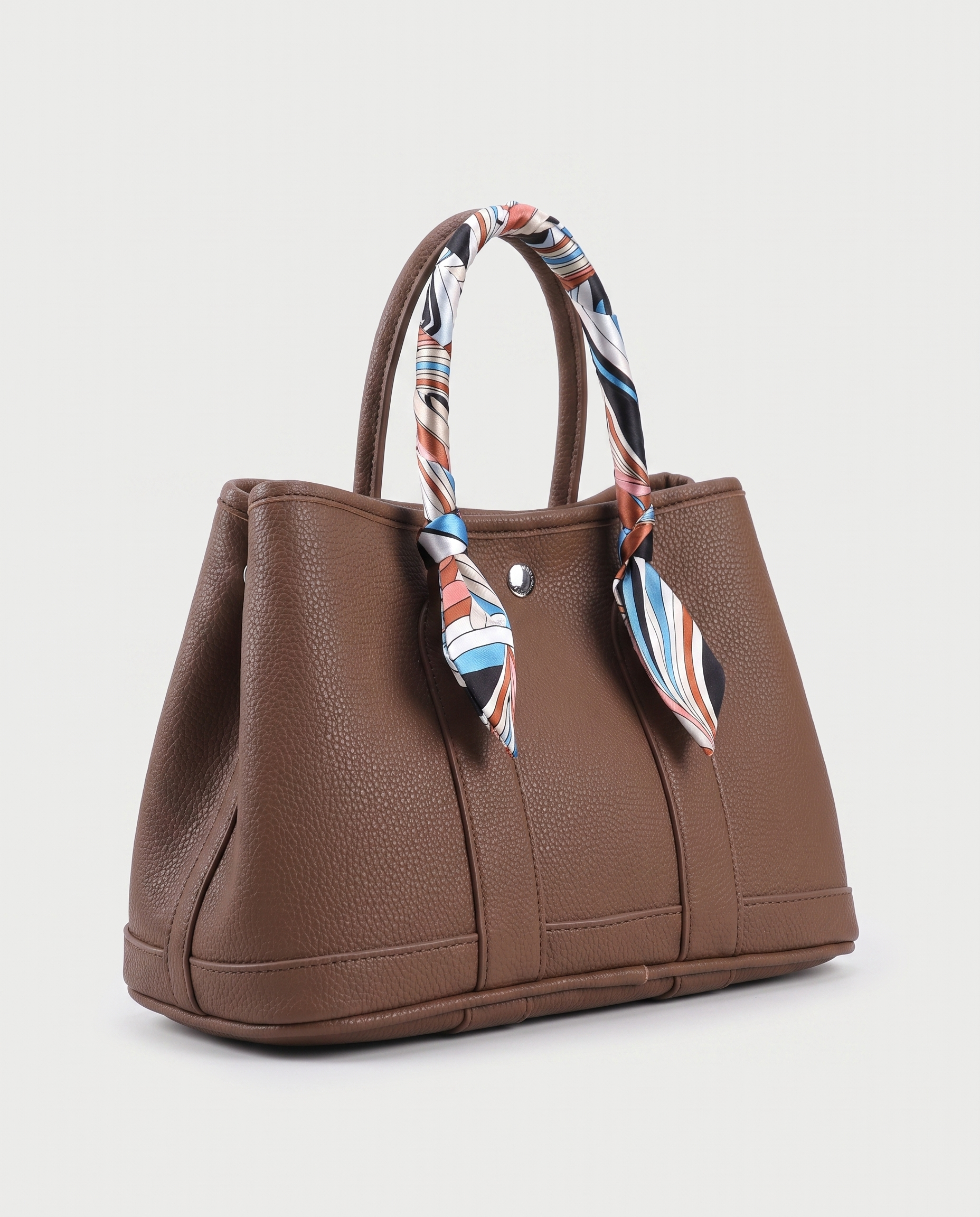 Scarf tote bag in khaki — three-quarter view, RABUKO