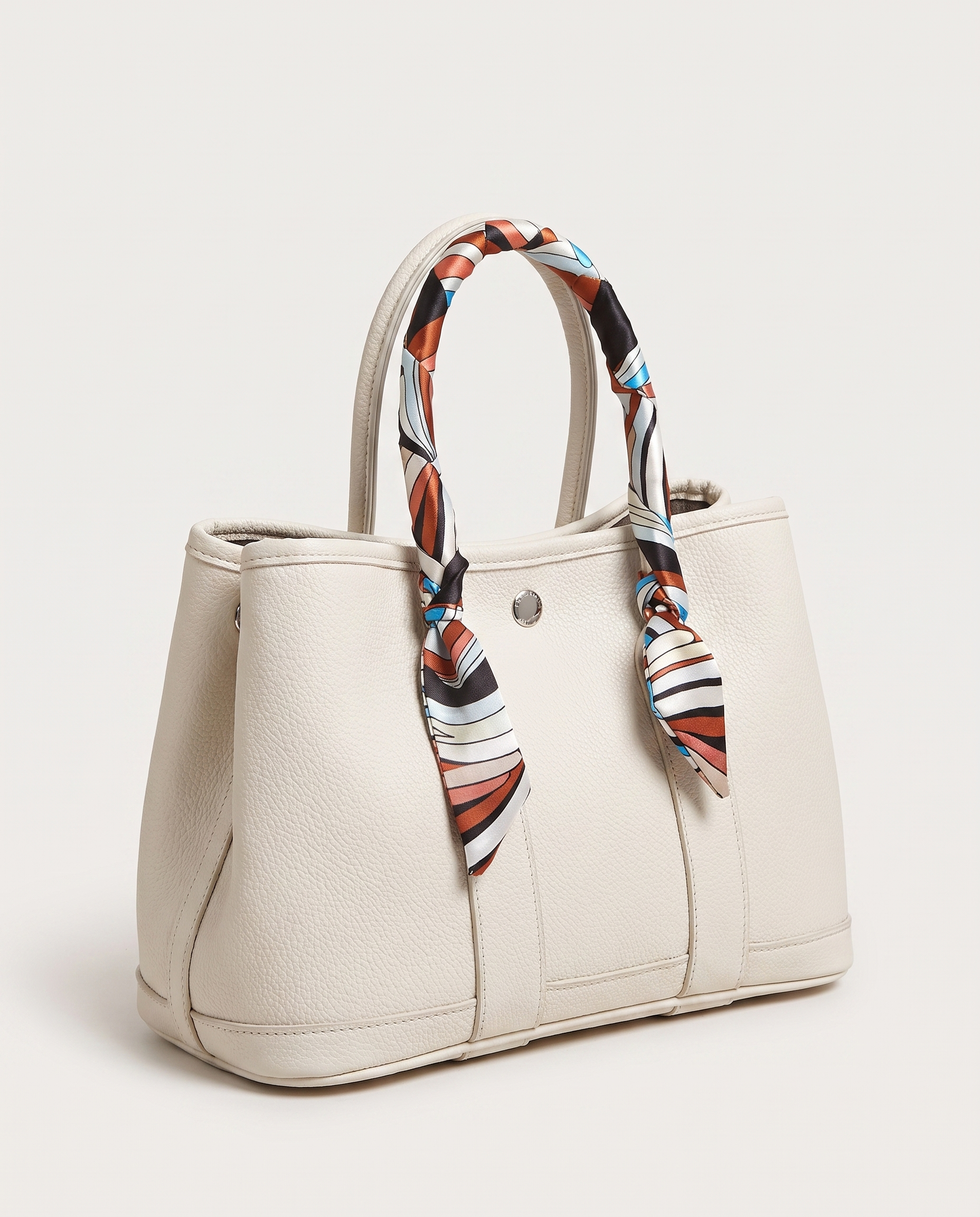 Scarf tote bag in white — three-quarter view, RABUKO