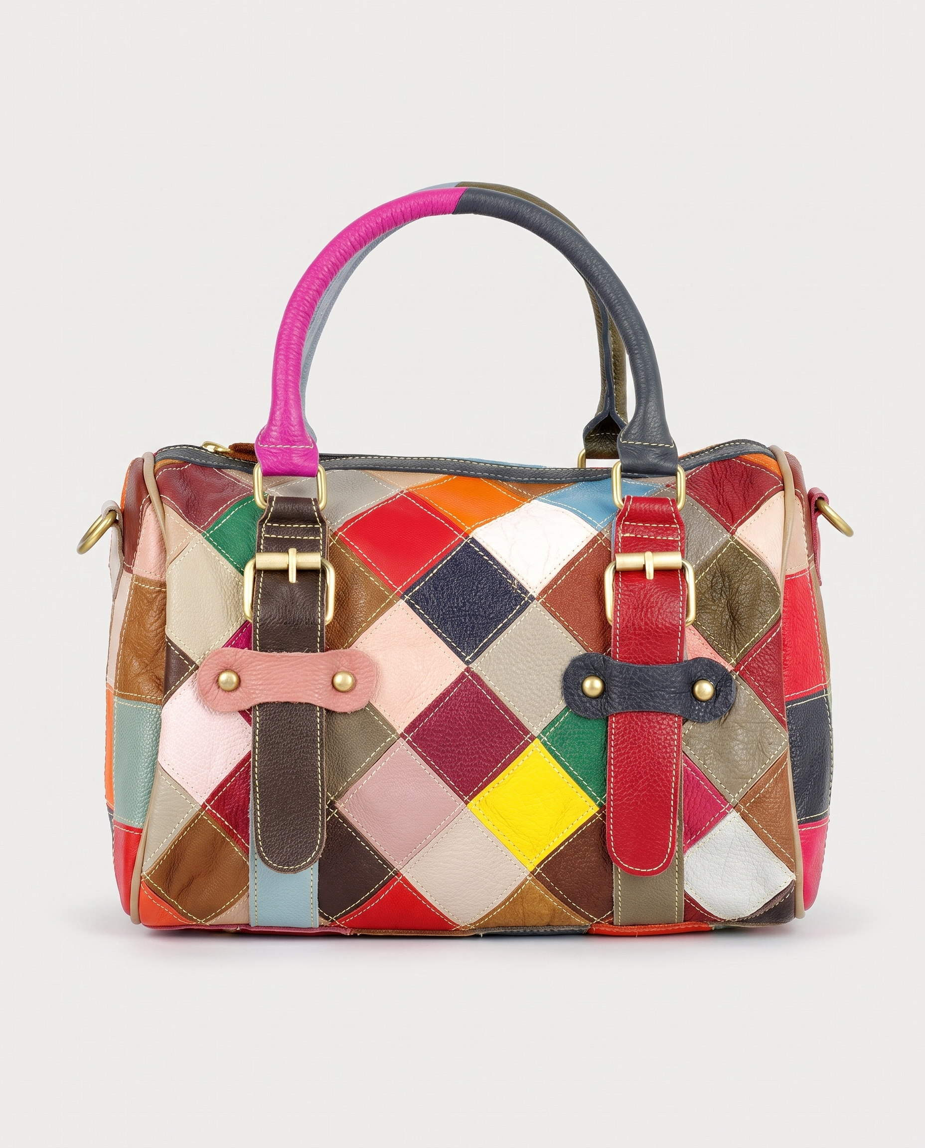 Cowhide patchwork handbag in multicolor — front view, RABUKO