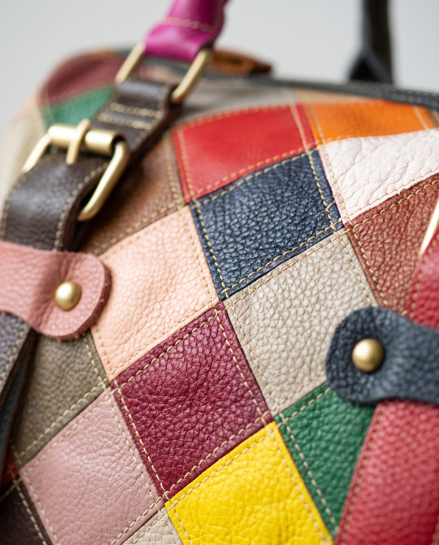 Cowhide patchwork handbag in multicolor — leather detail, RABUKO