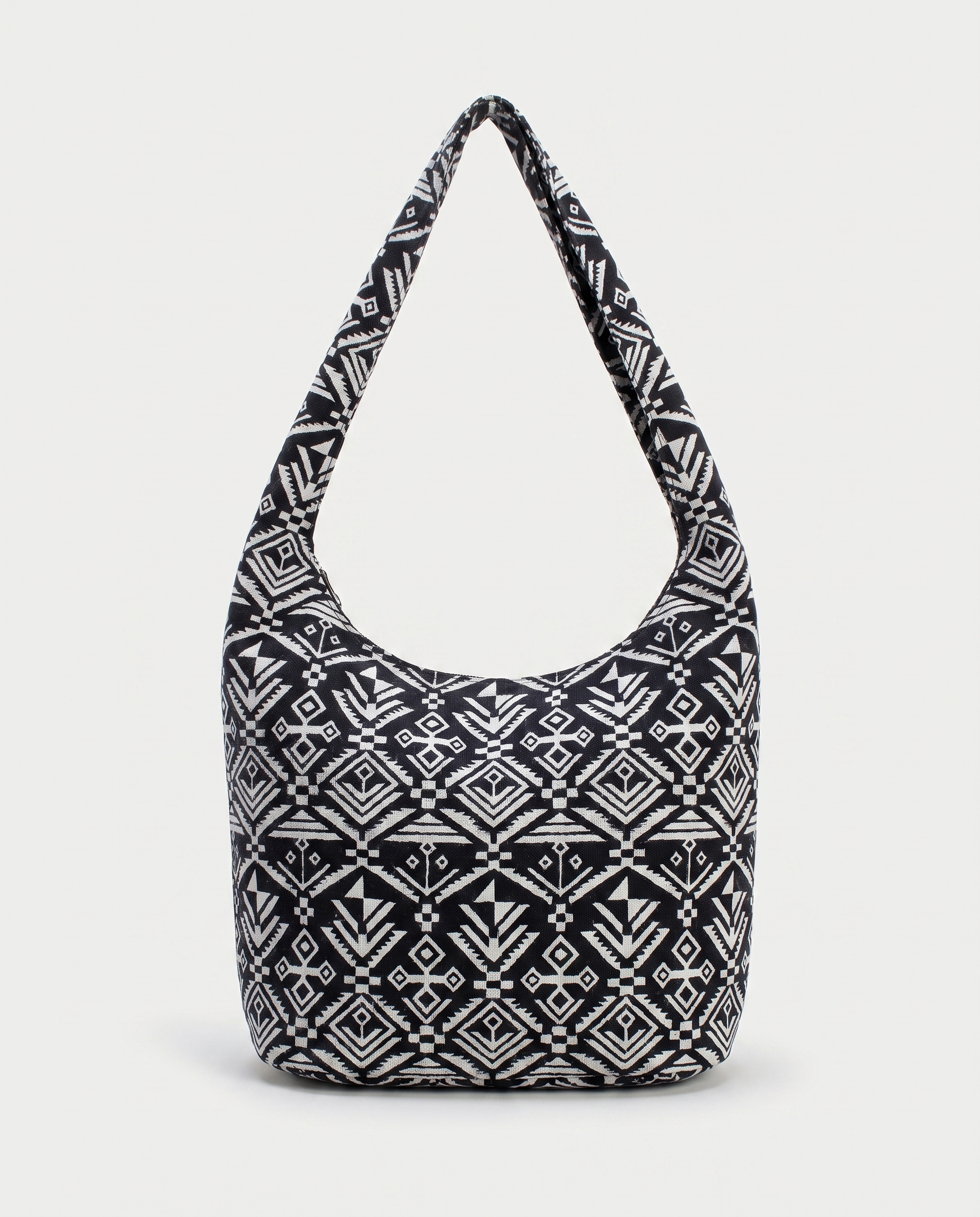 Mandala crossbody bag in Black Diamond print — front view, RABUKO
