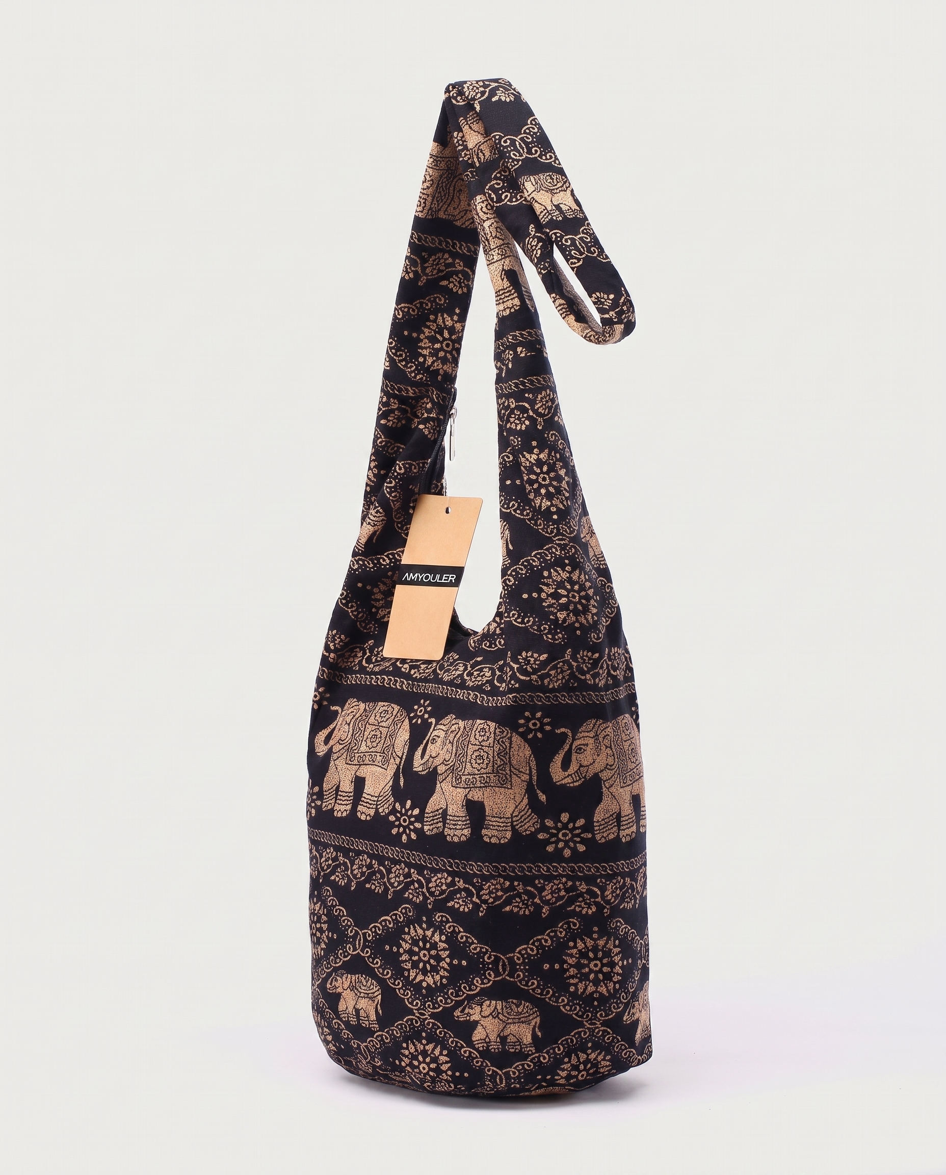 Mandala crossbody bag in Elephant print — three-quarter view, RABUKO