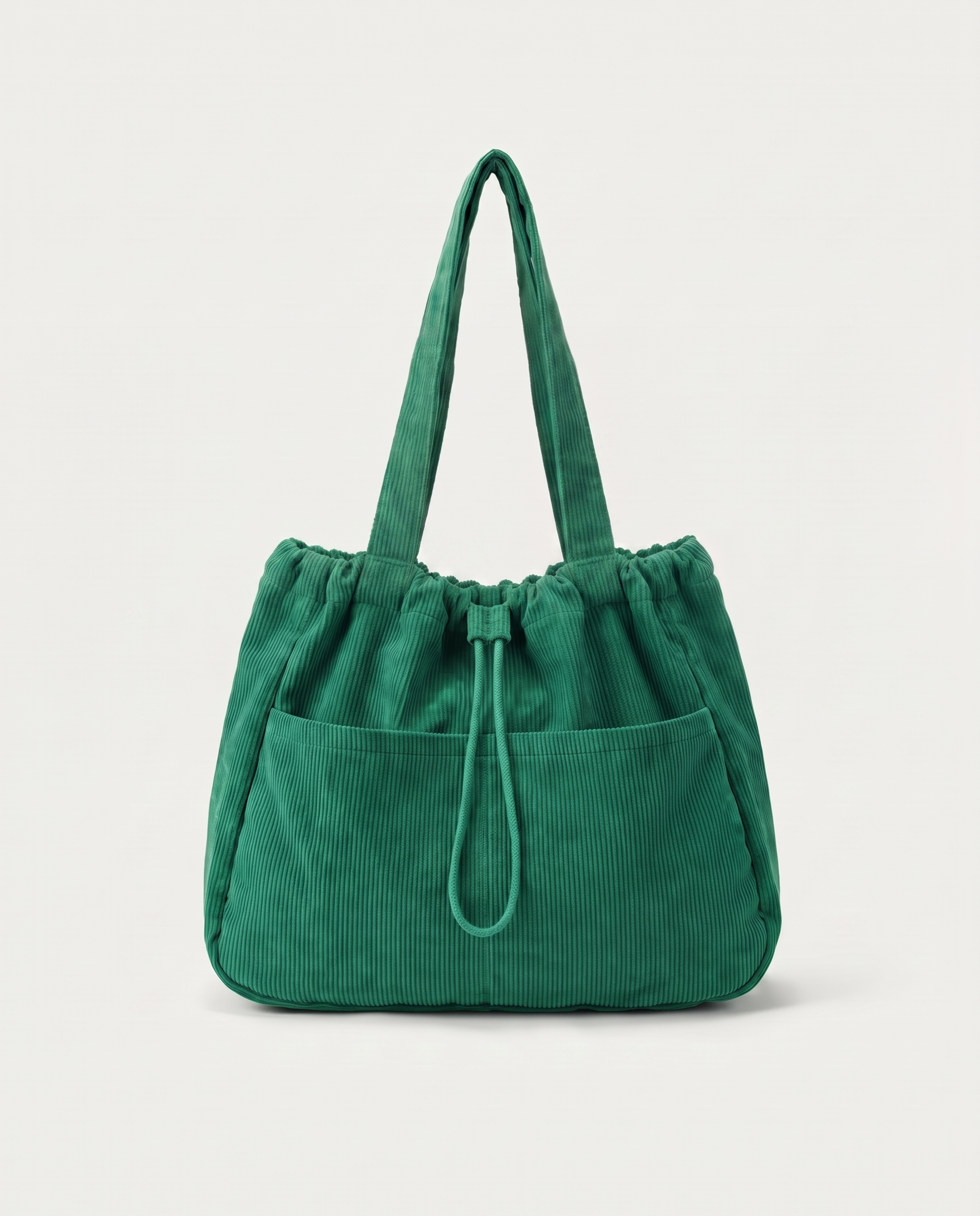 Corduroy drawstring bag in green — front view, RABUKO