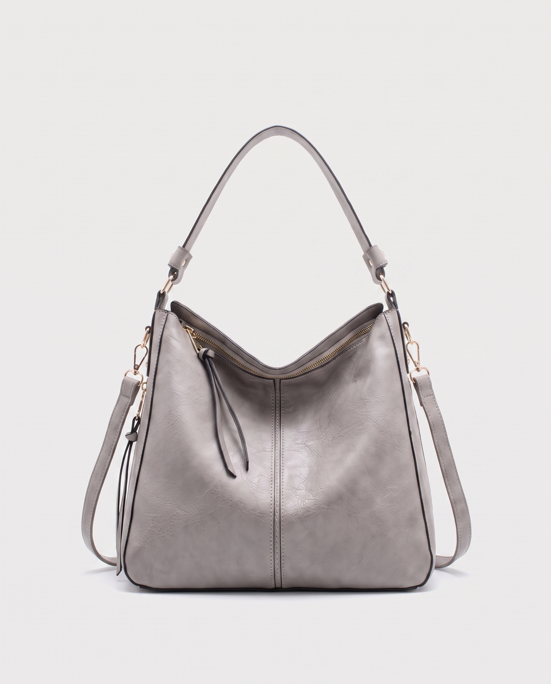 Hobo shoulder bag in light grey — front view, RABUKO