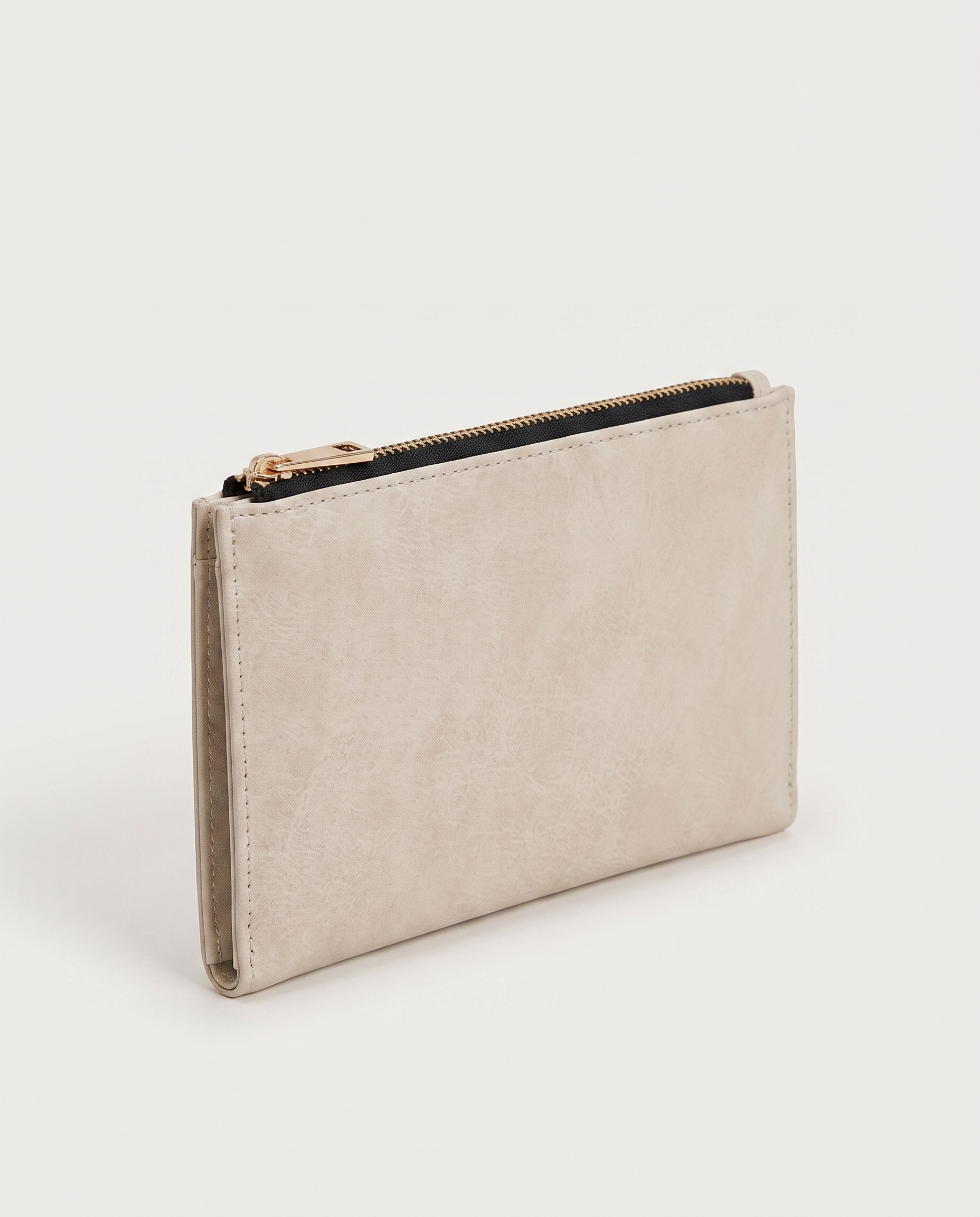 Slim Long Wallet in beige — three-quarter view, RABUKO