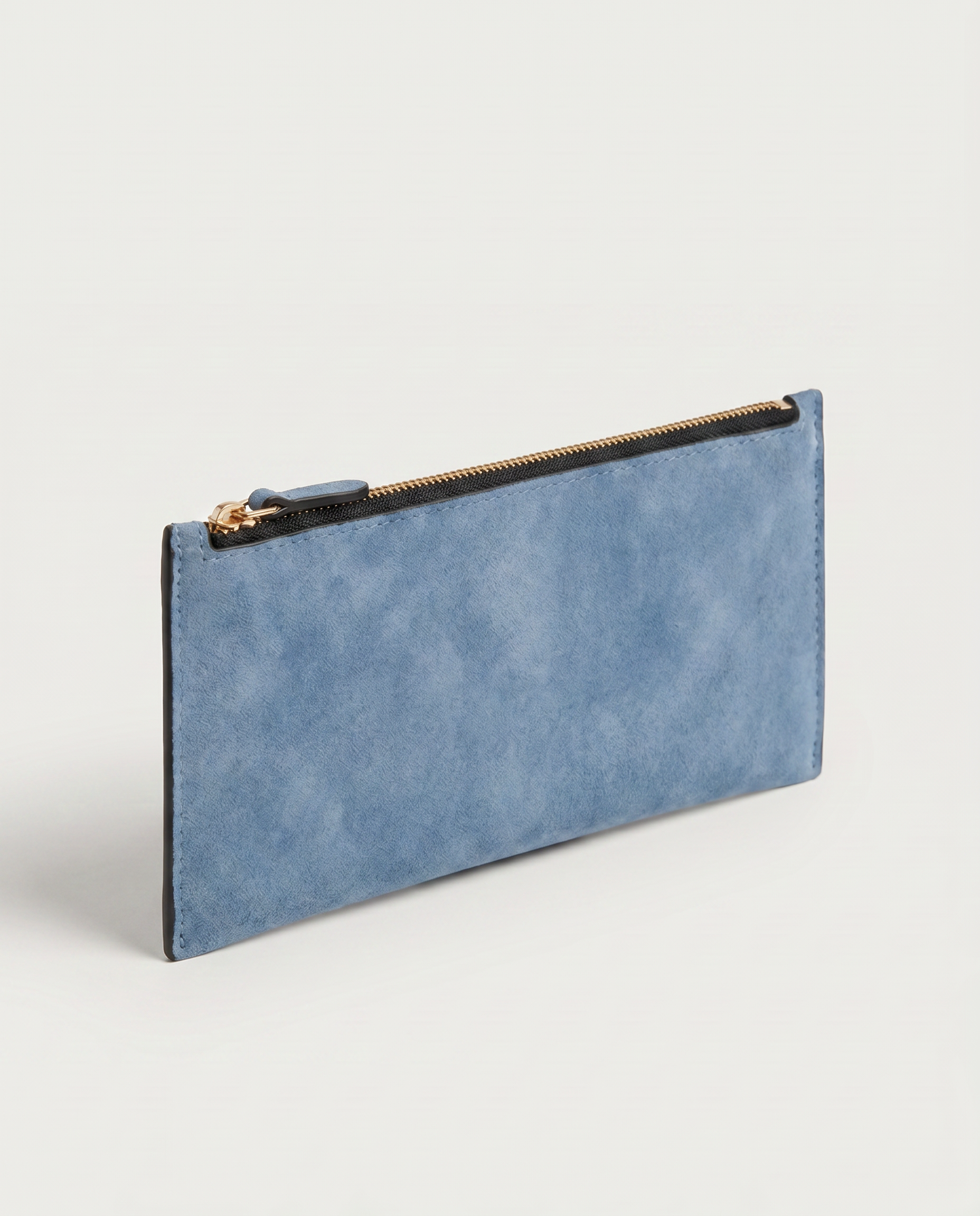 Slim Long Wallet in blue — three-quarter view, RABUKO
