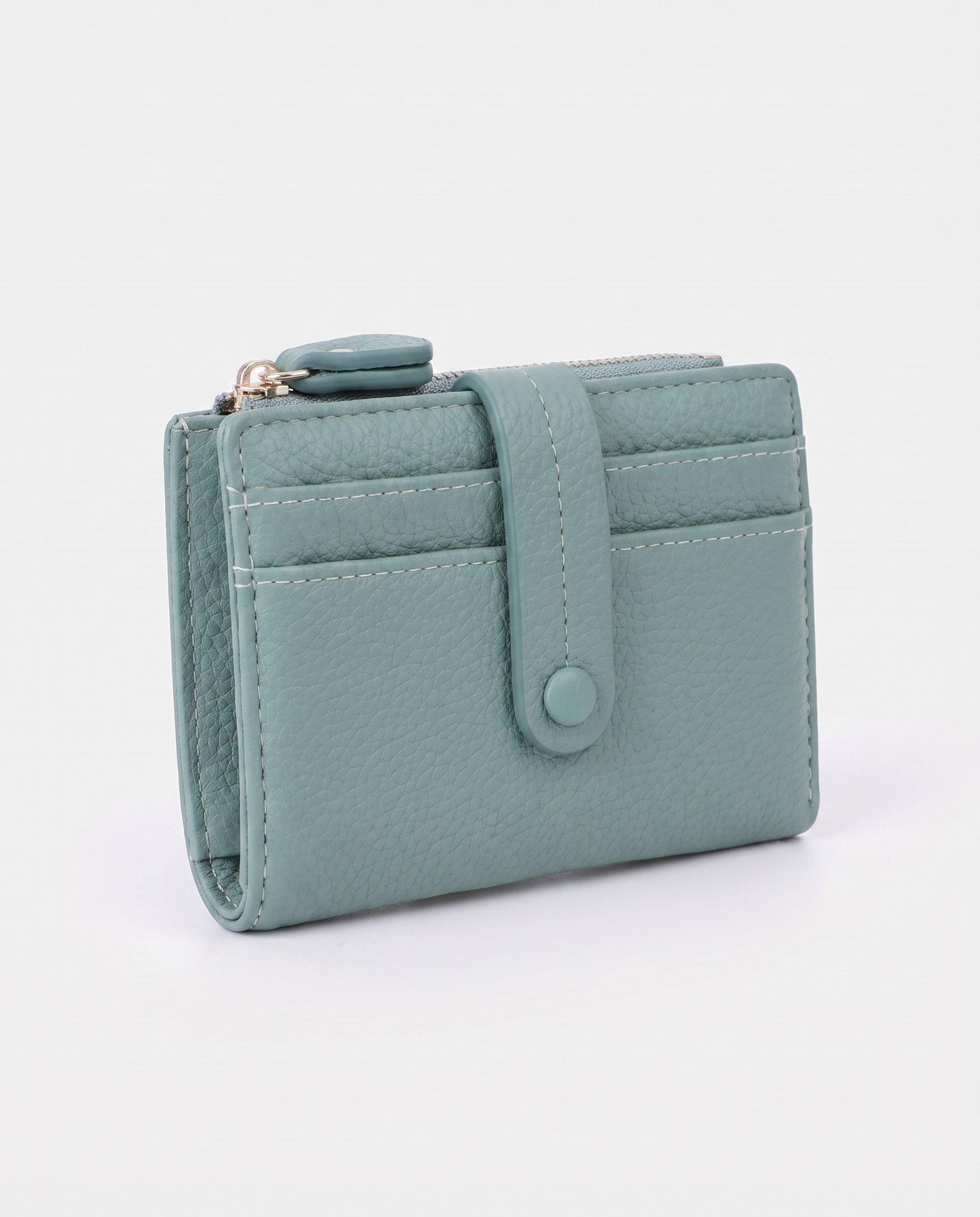 Plaid Compact Wallet in green — three-quarter view, RABUKO
