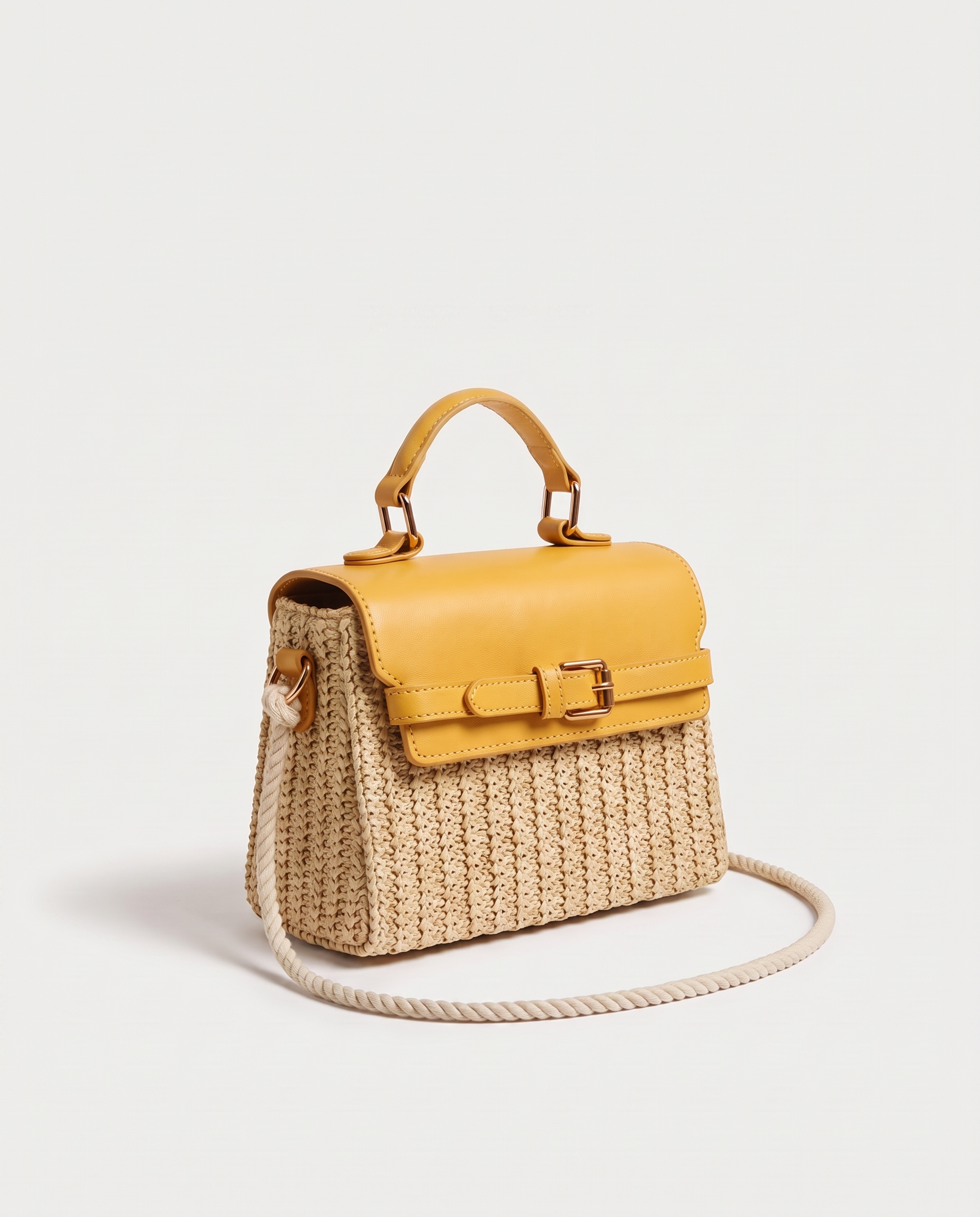 Wicker Box Handbag in yellow — three-quarter view, RABUKO