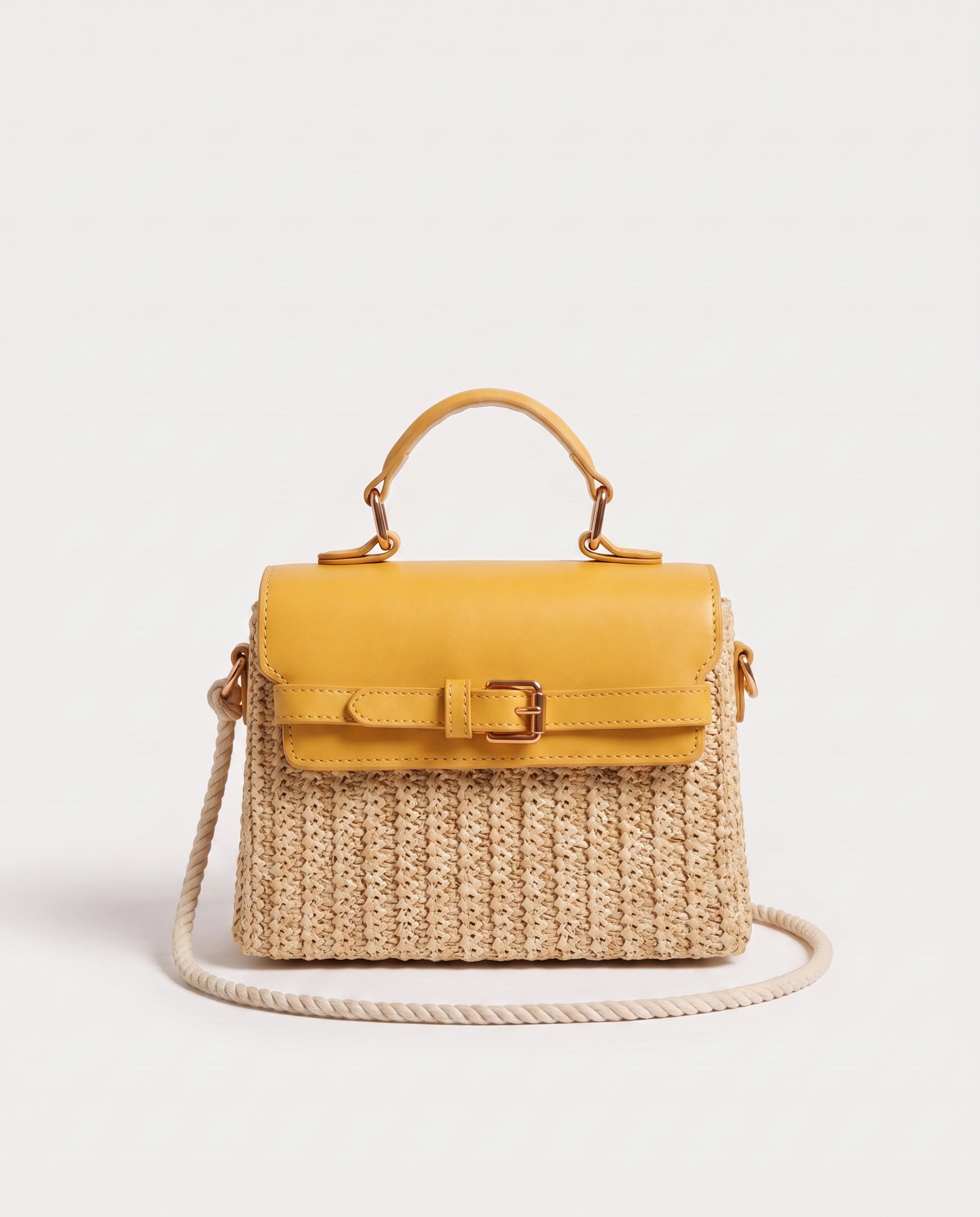 Wicker Box Handbag in yellow — front view, RABUKO