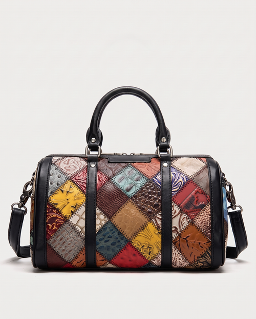 Embossed Leather Boston Bag — front view, RABUKO