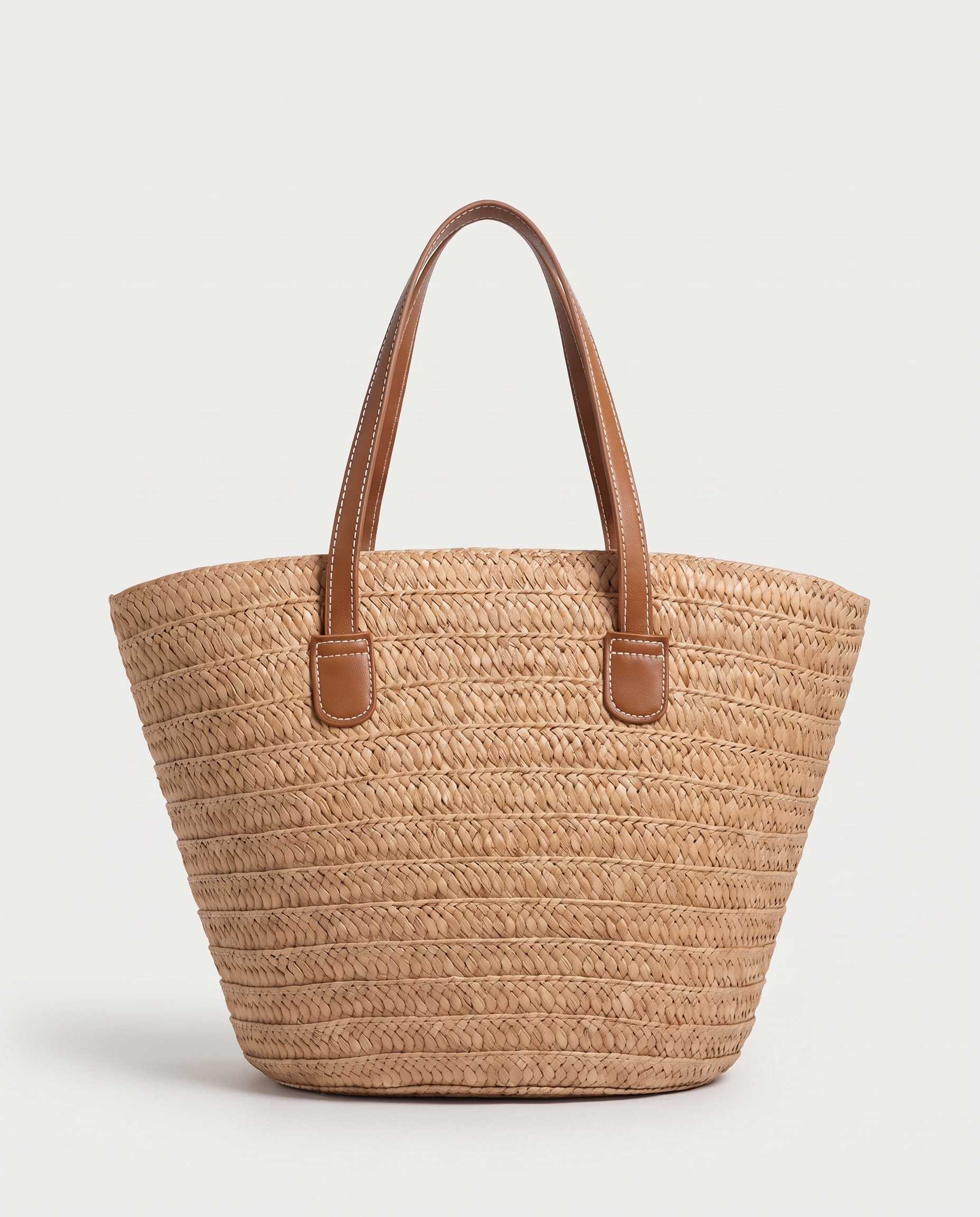 Contrast straw tote in khaki — front view, RABUKO