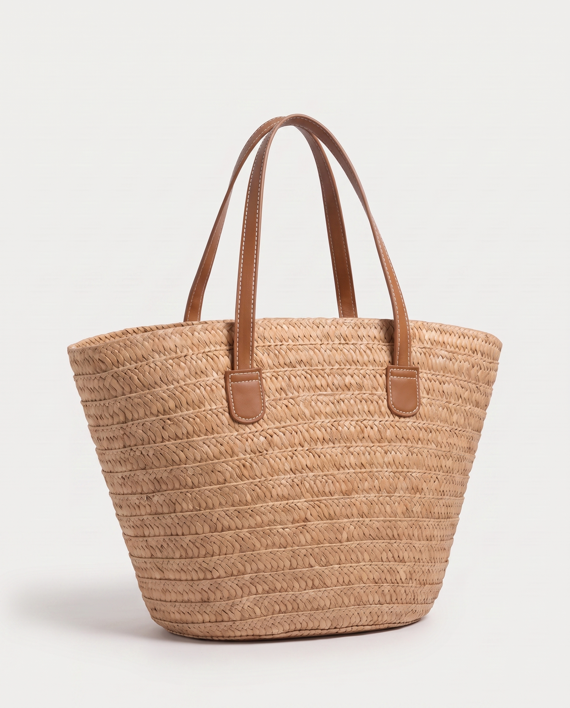 Contrast straw tote in khaki — three-quarter view, RABUKO