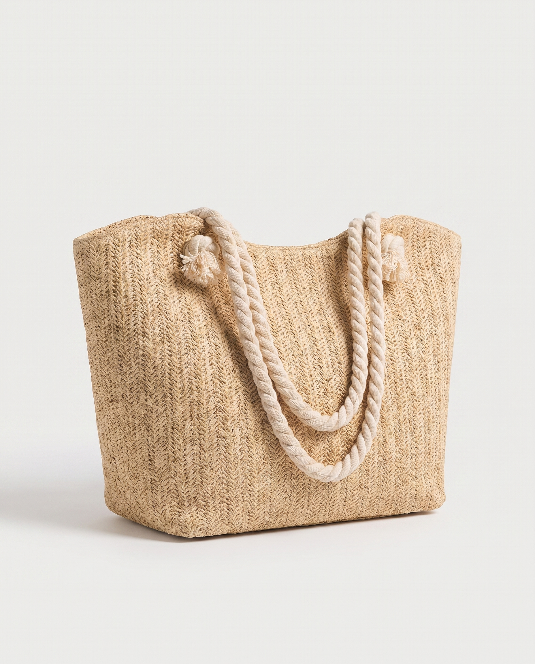 Large Straw Flap Bag in khaki — three-quarter view, RABUKO